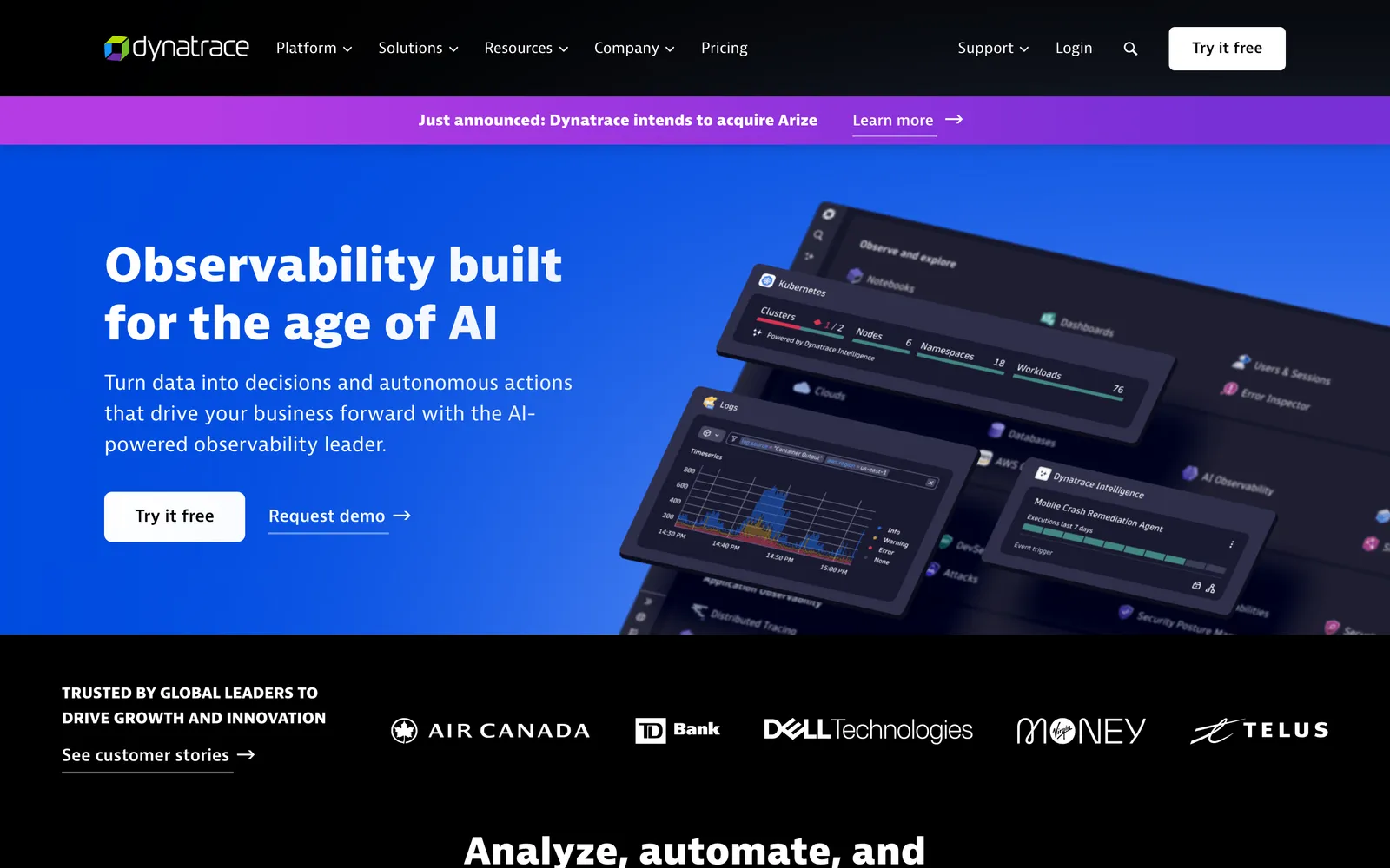 Dynatrace homepage: Observability built for the age of AI