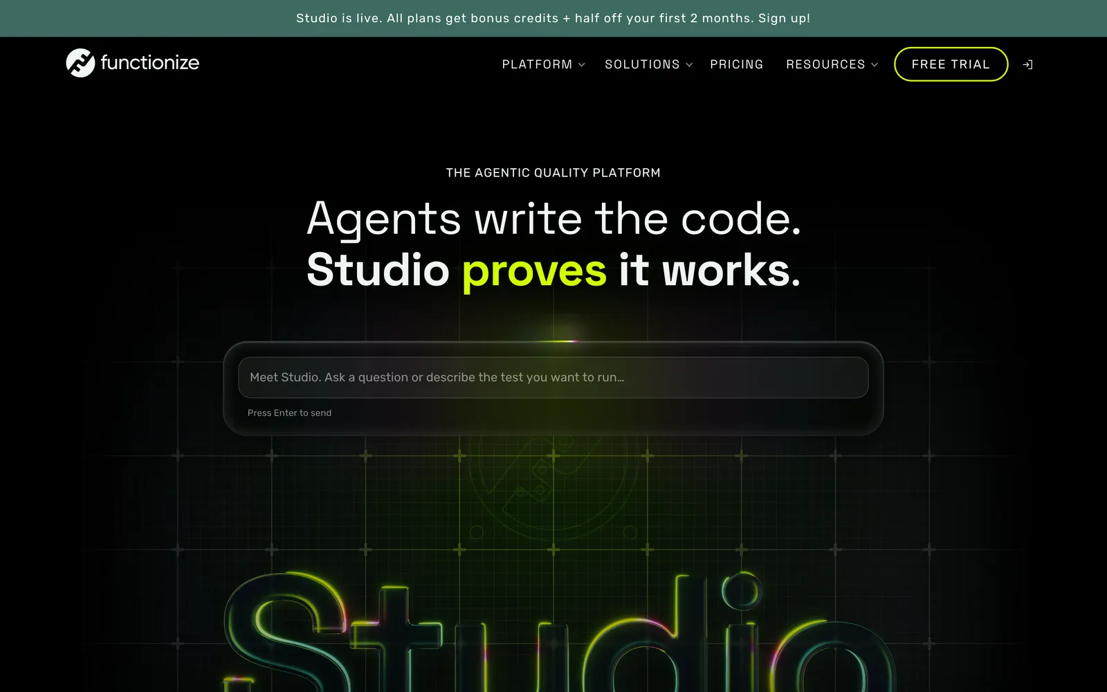 Functionize homepage: Agents write the code. Studio proves it works.