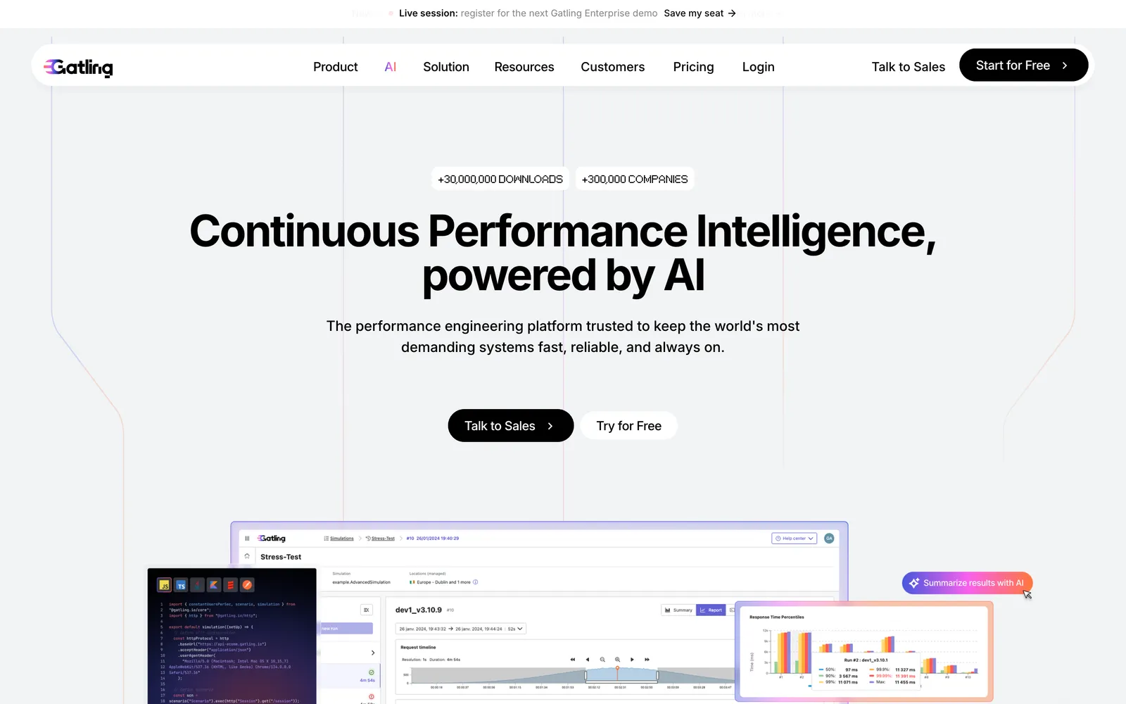 Gatling homepage: Continuous Performance Intelligence, powered by AI