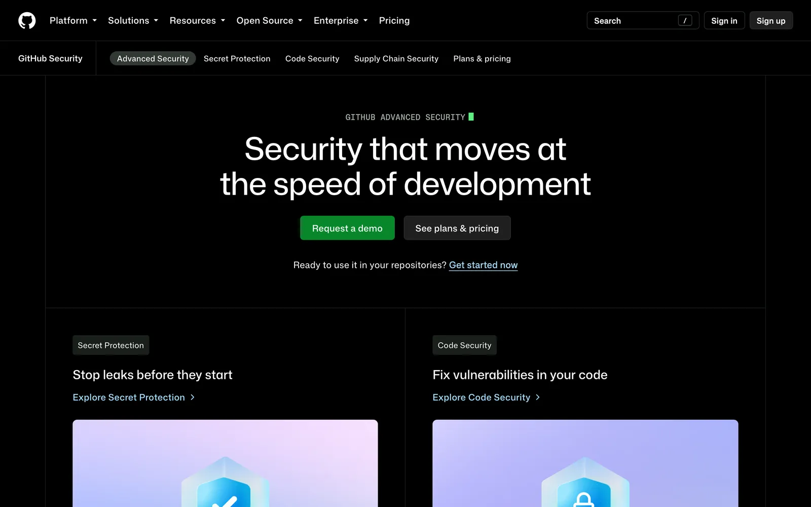 GitHub Code Security product page: Security that moves at the speed of development