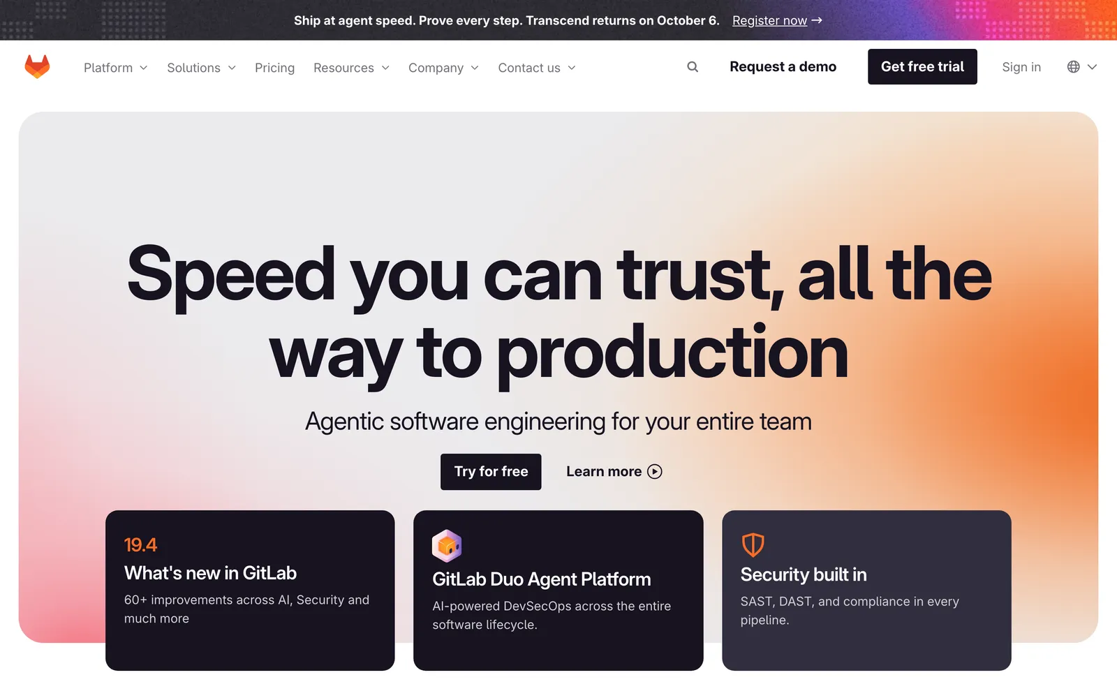GitLab homepage: Speed you can trust, all the way to production