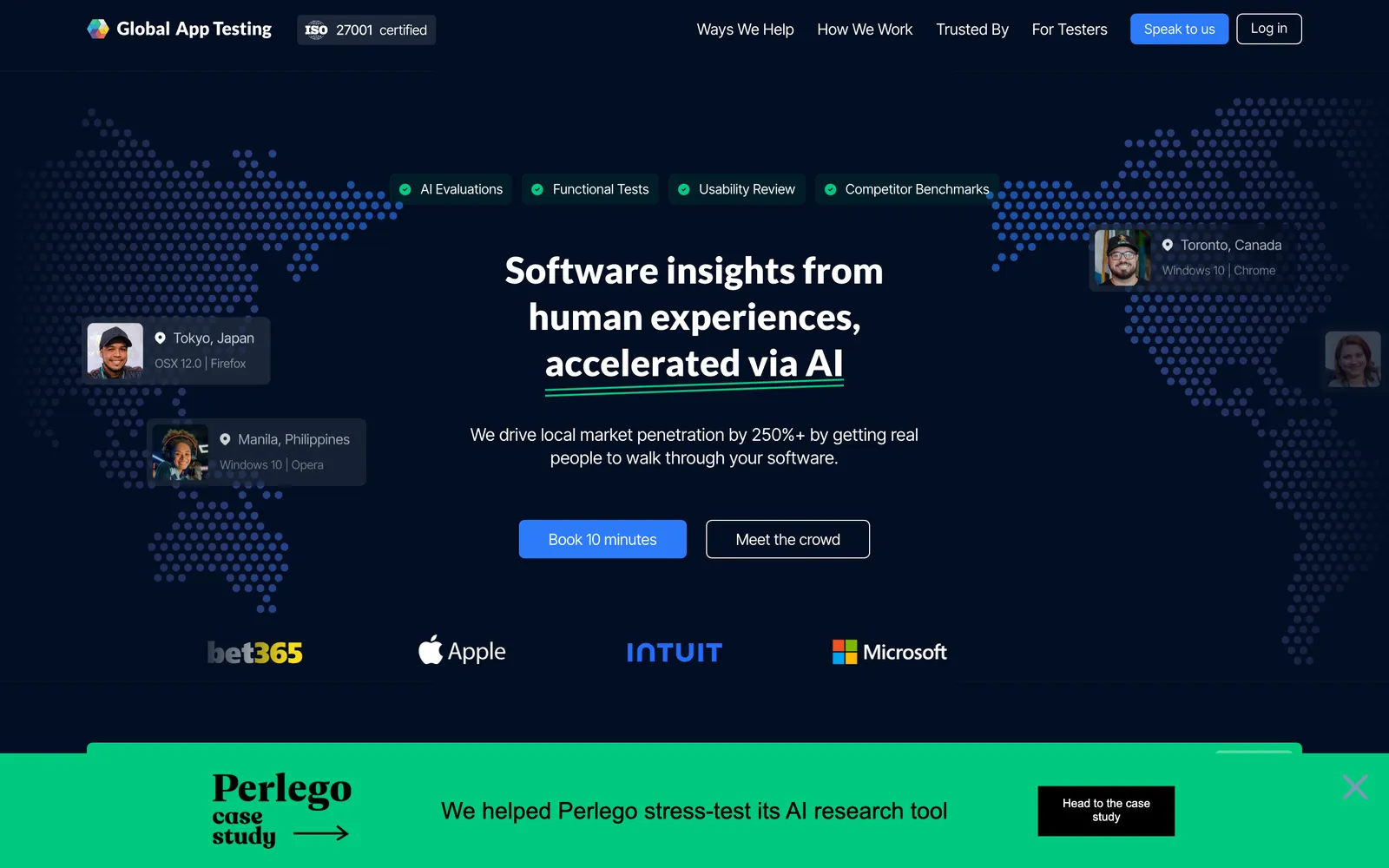 Global App Testing homepage: Software insights from human experiences, accelerated via AI
