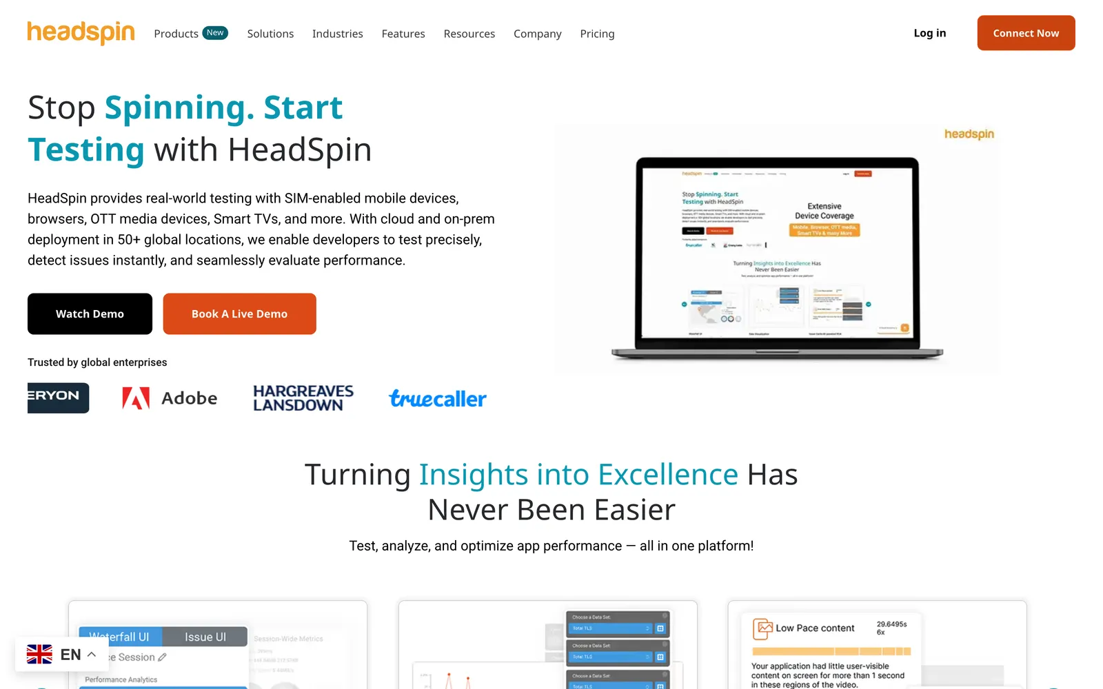 HeadSpin homepage: Stop Spinning. Start Testing with HeadSpin