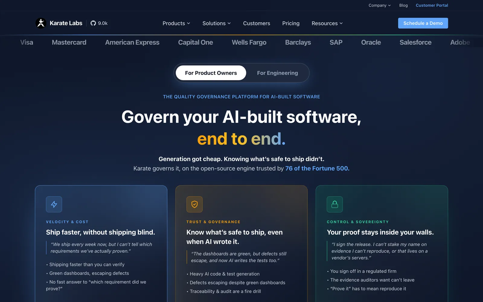 Karate homepage: Govern your AI-built software, end to end