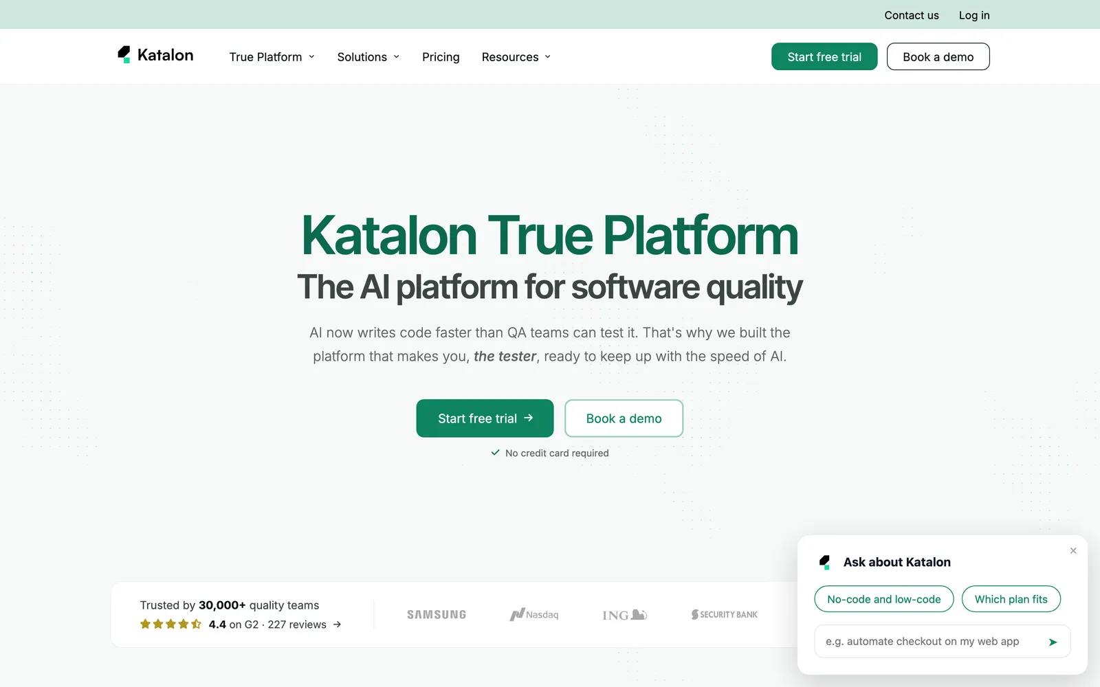 Katalon Studio homepage: Katalon True Platform: The AI platform for software quality