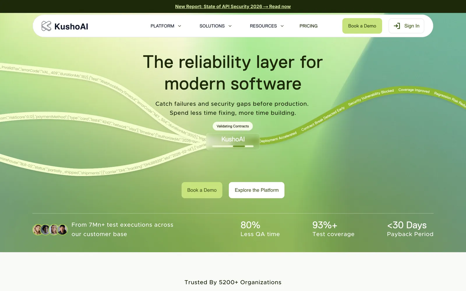 KushoAI homepage: The reliability layer for modern software