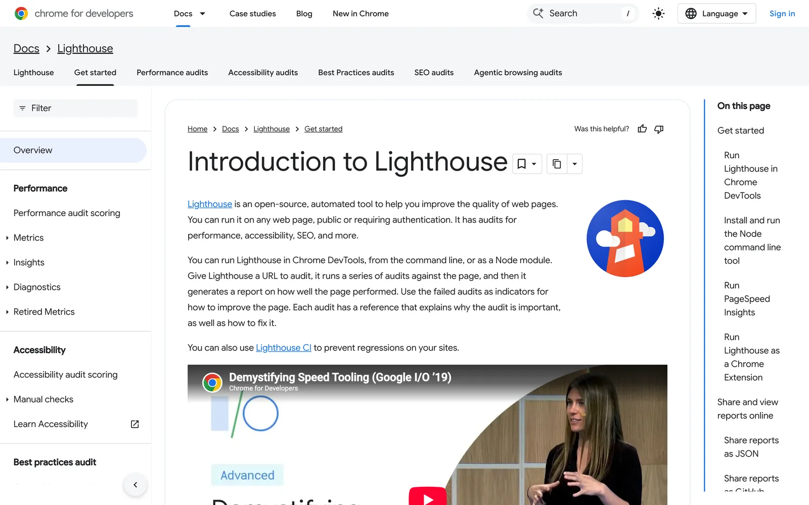 Lighthouse homepage: Introduction to Lighthouse on Chrome for Developers, an open-source automated page quality tool