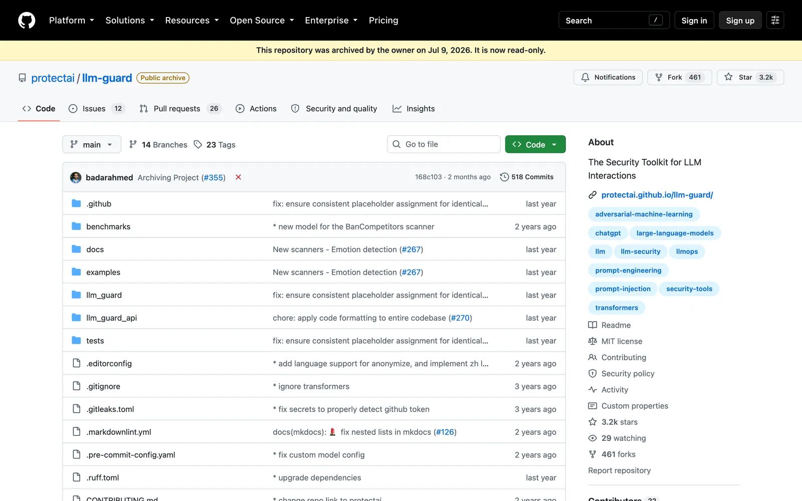 LLM Guard repository: GitHub repository protectai/llm-guard, the security toolkit for LLM interactions, archived July 2026