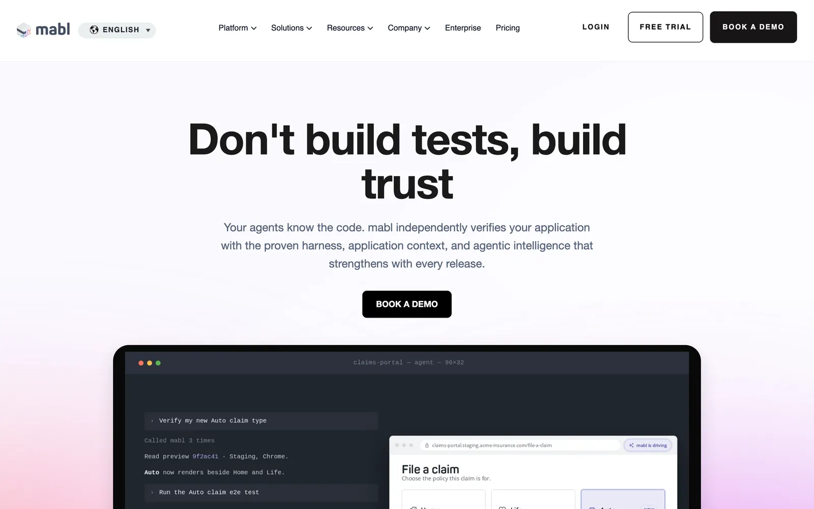 mabl homepage: Don't build tests, build trust