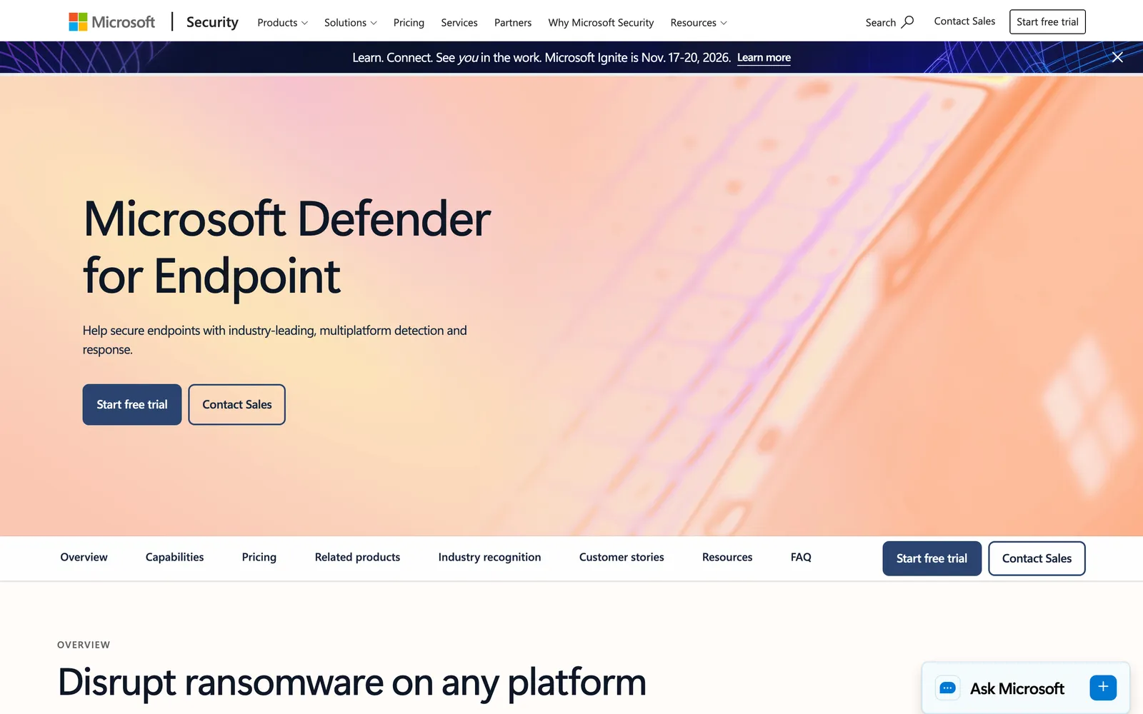 Microsoft Defender homepage: Microsoft Defender for Endpoint: secure endpoints with multiplatform detection and response