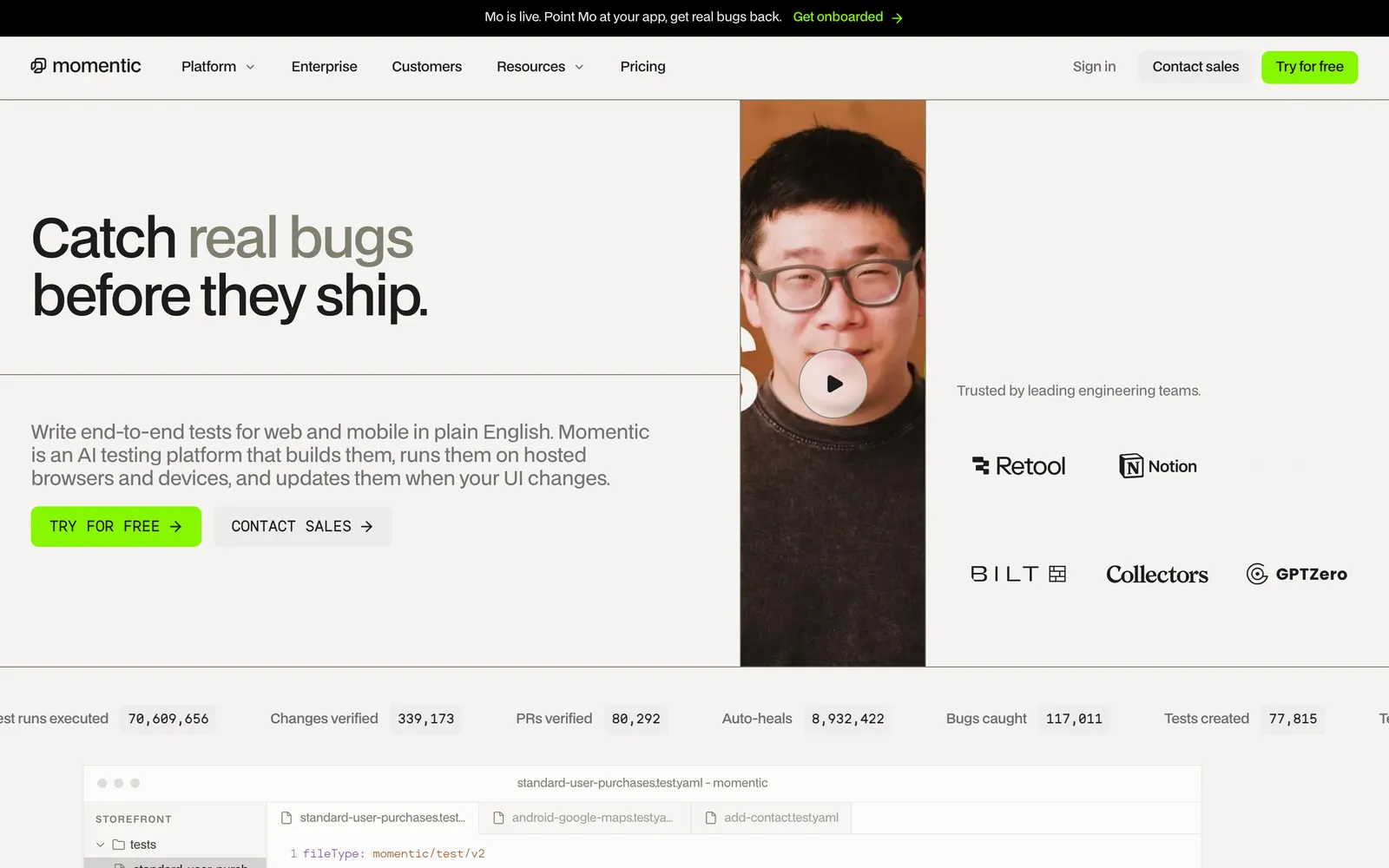 Momentic homepage: Catch real bugs before they ship