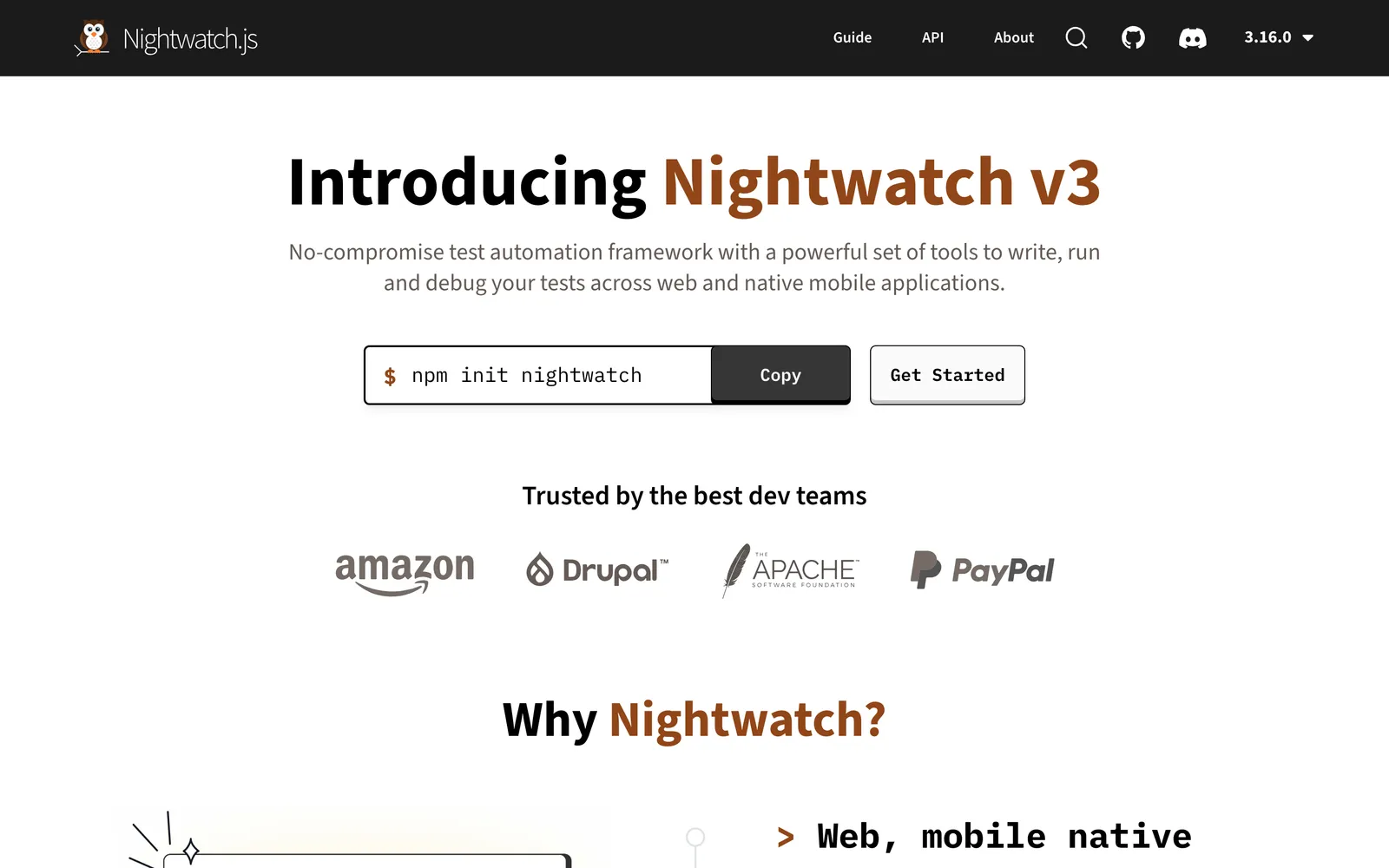 Nightwatch homepage: Introducing Nightwatch v3, a test automation framework for web and native mobile