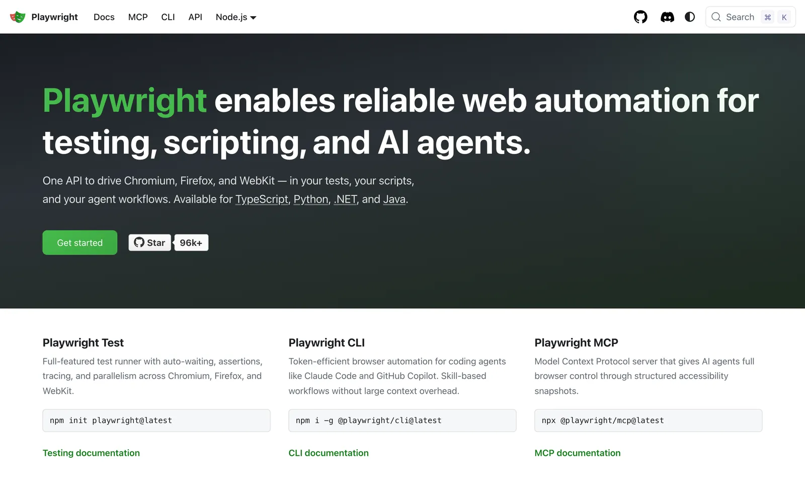 Playwright homepage: Playwright enables reliable web automation for testing, scripting, and AI agents
