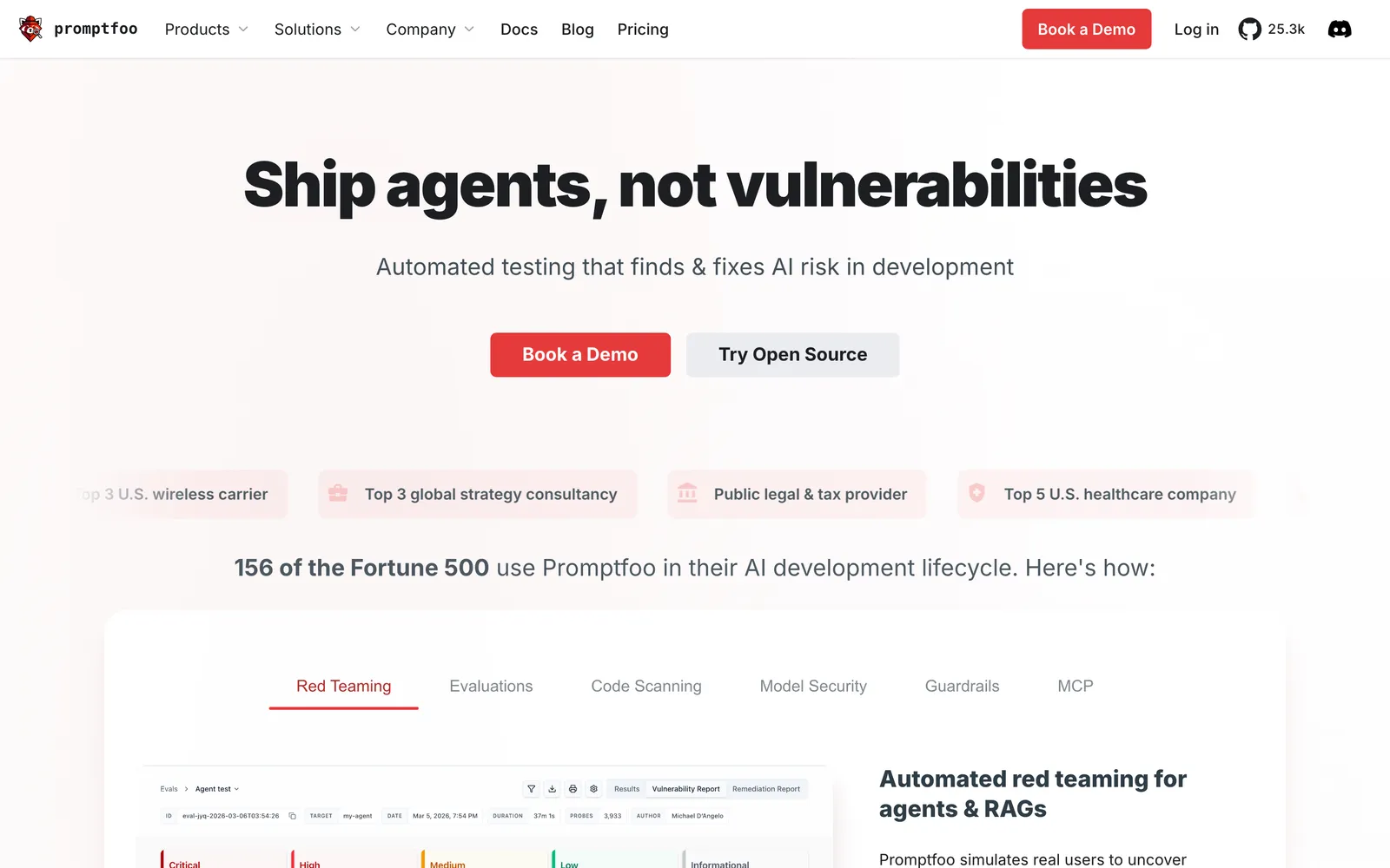 Promptfoo homepage: Ship agents, not vulnerabilities