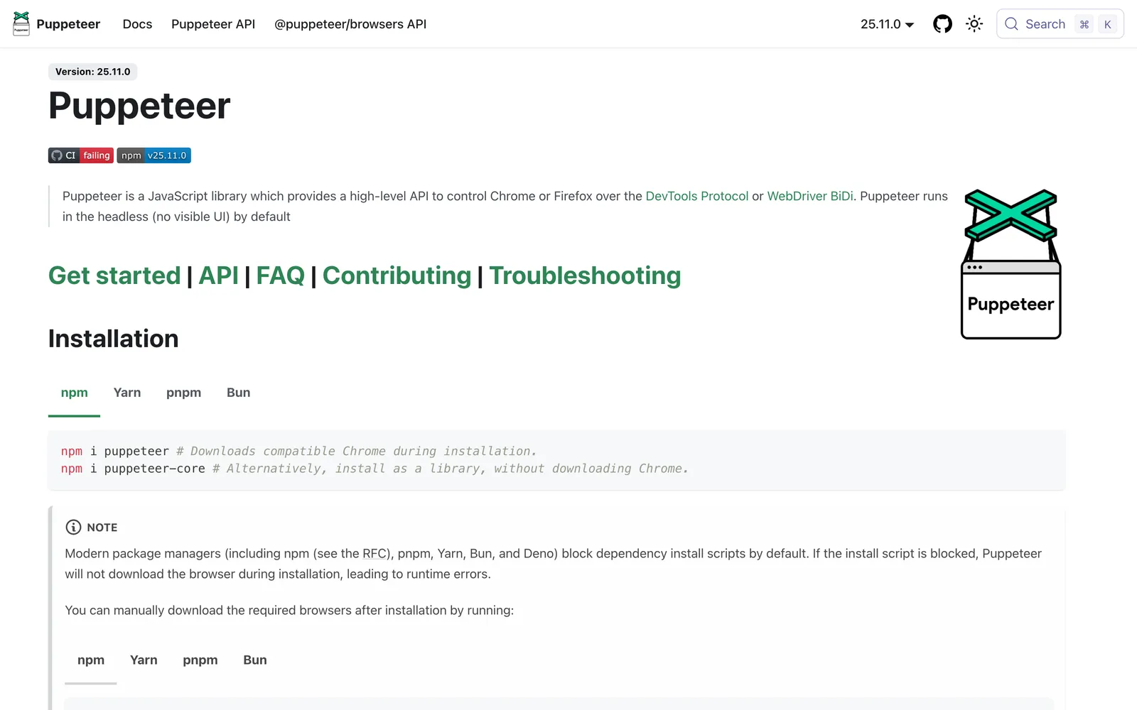 Puppeteer homepage: Puppeteer docs home: a JavaScript library providing a high-level API to control Chrome or Firefox