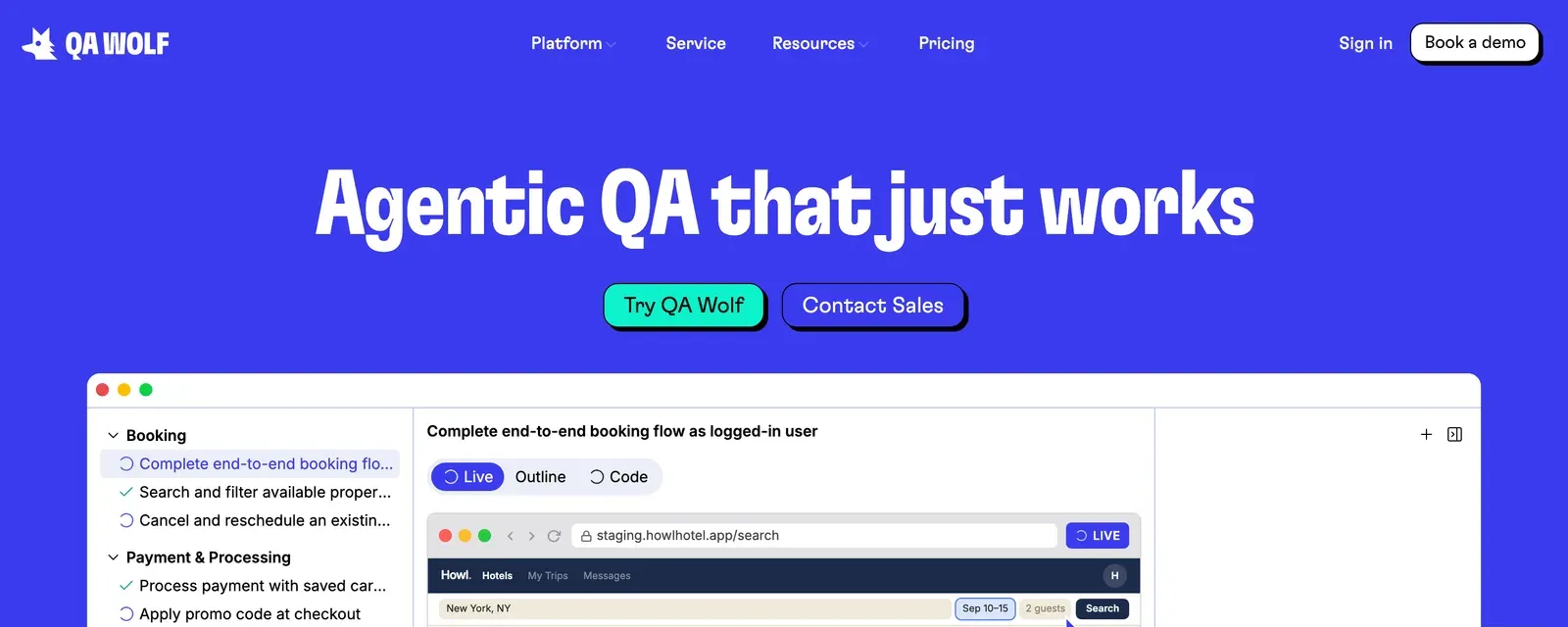 QA Wolf homepage: Agentic QA that just works