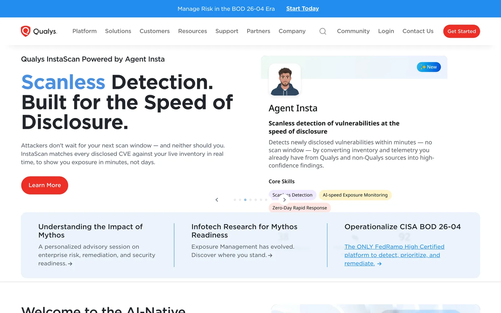 Qualys homepage: Scanless Detection. Built for the Speed of Disclosure.
