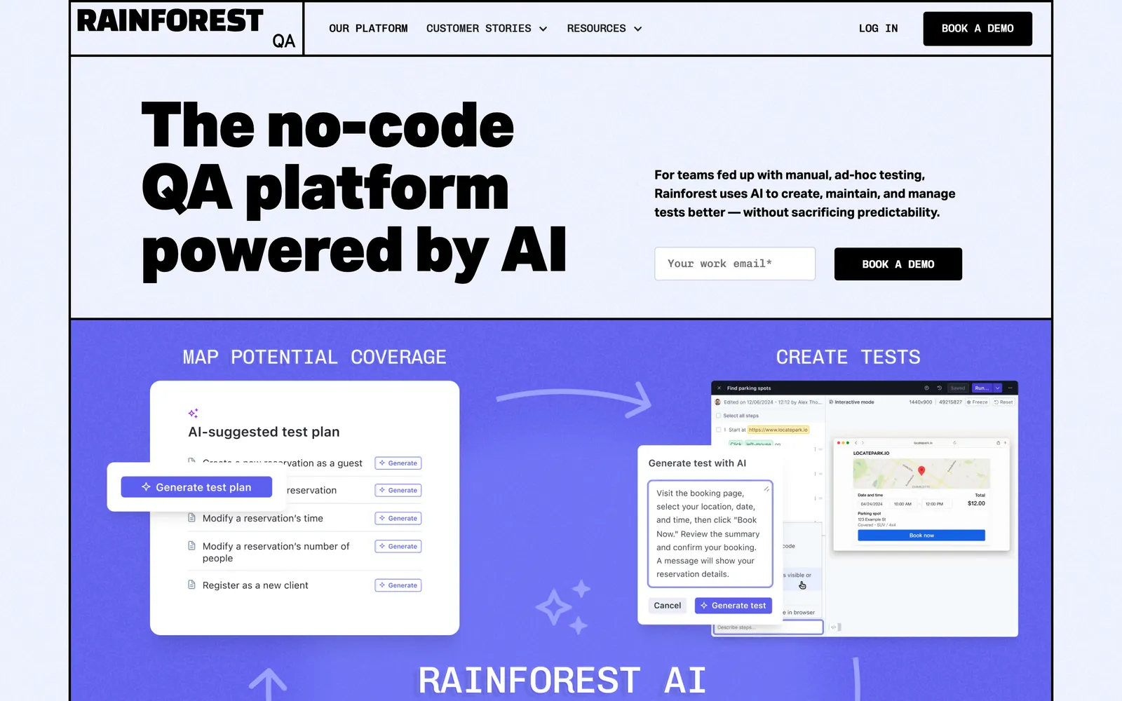 Rainforest QA homepage: The no-code QA platform powered by AI