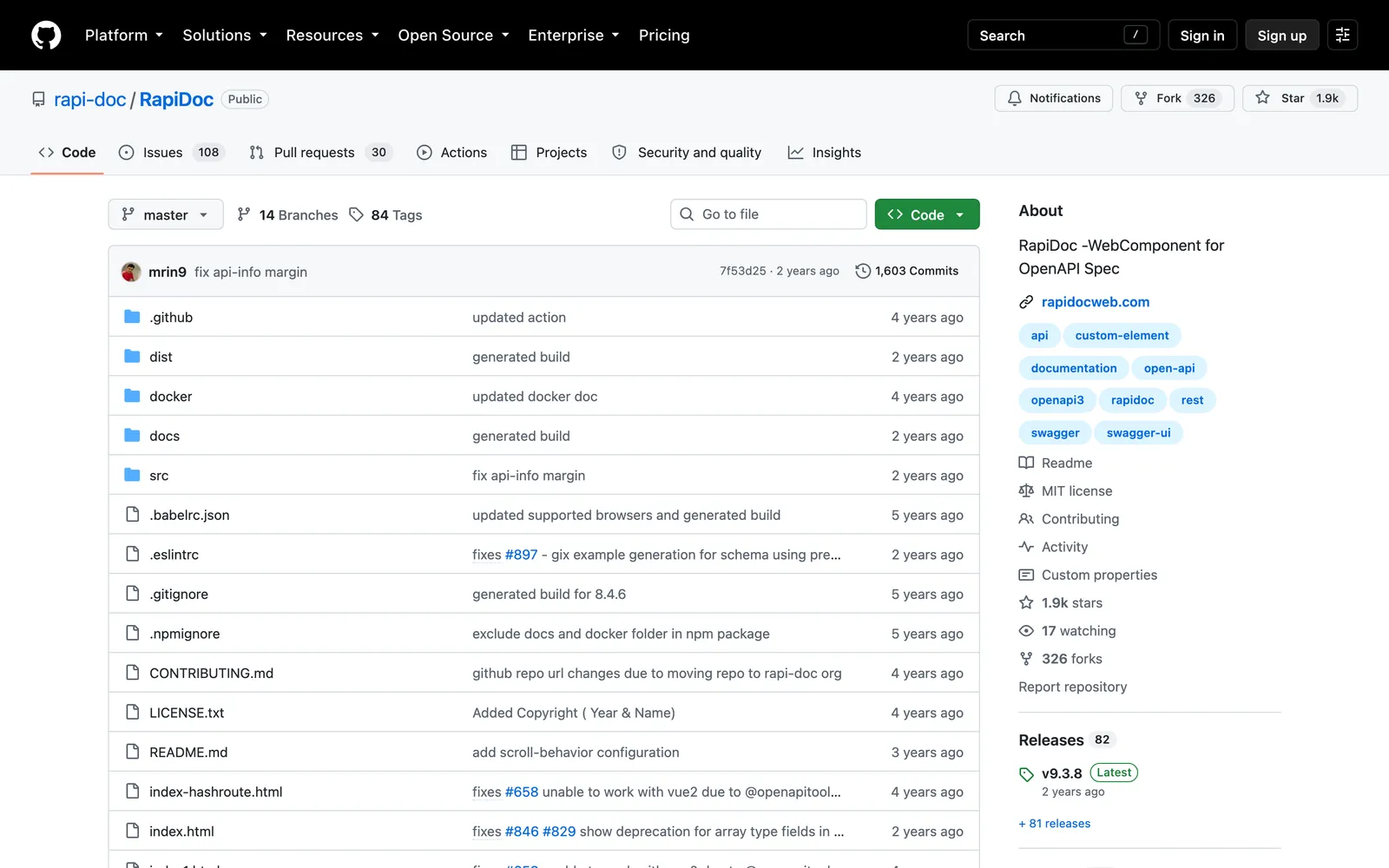 RapiDoc repository: GitHub repository rapi-doc/RapiDoc, a custom element for OpenAPI specs