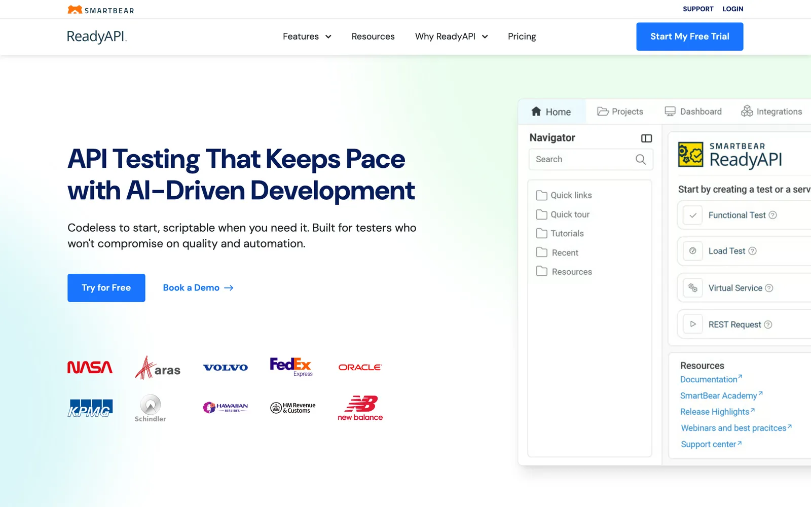 ReadyAPI homepage: API Testing That Keeps Pace with AI-Driven Development