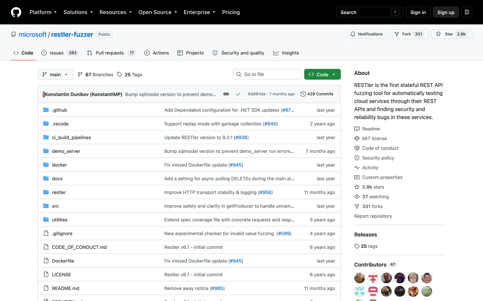RESTler repository: GitHub repository microsoft/restler-fuzzer, the first stateful REST API fuzzing tool