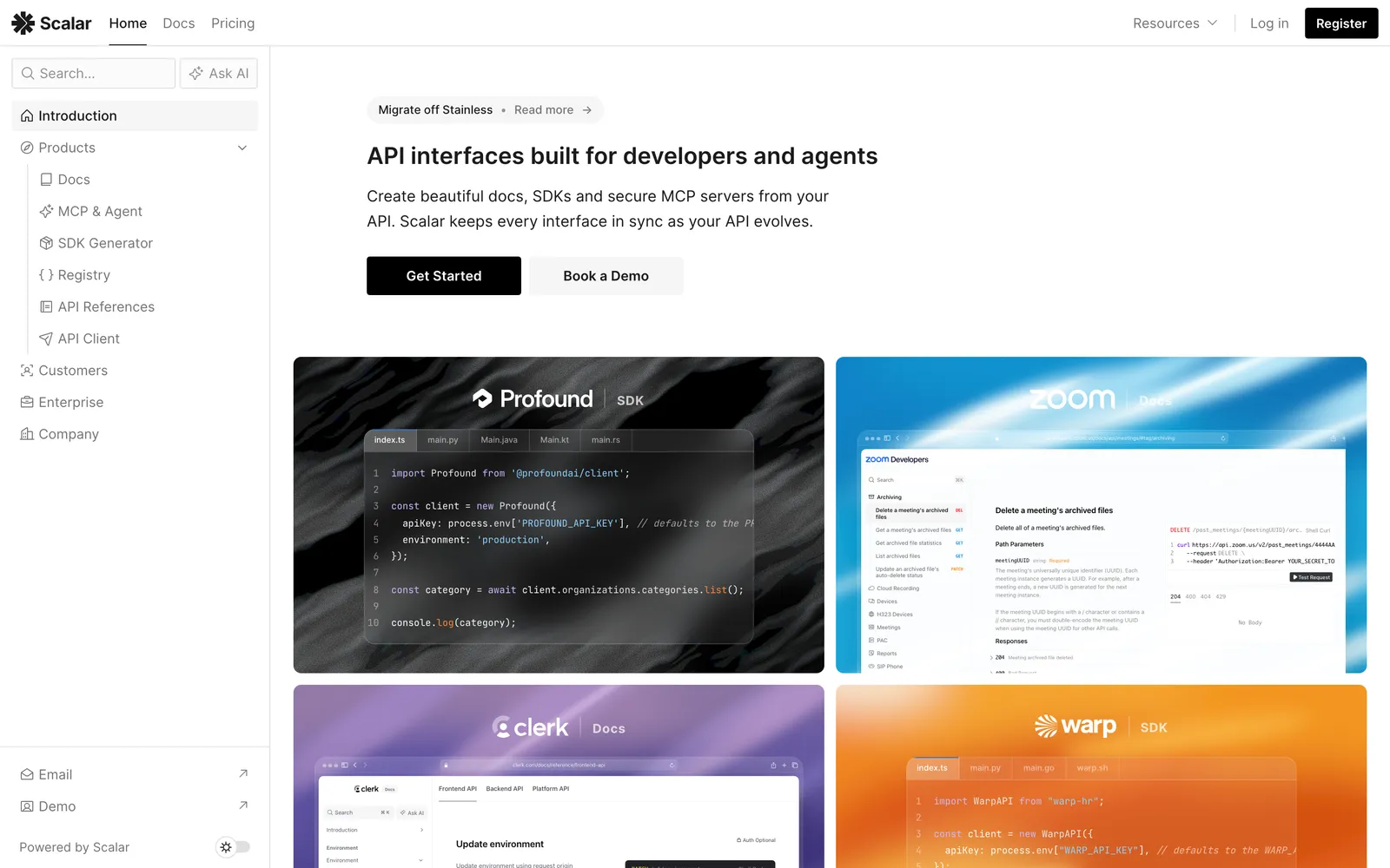 Scalar homepage: API interfaces built for developers and agents