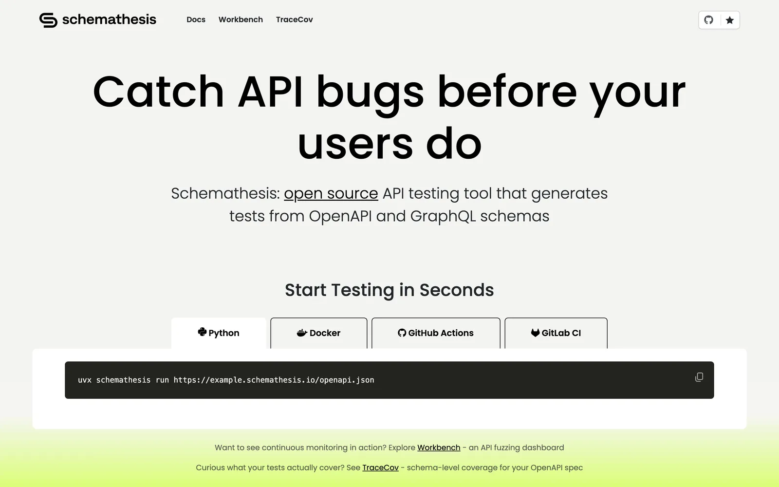 Schemathesis homepage: Catch API bugs before your users do