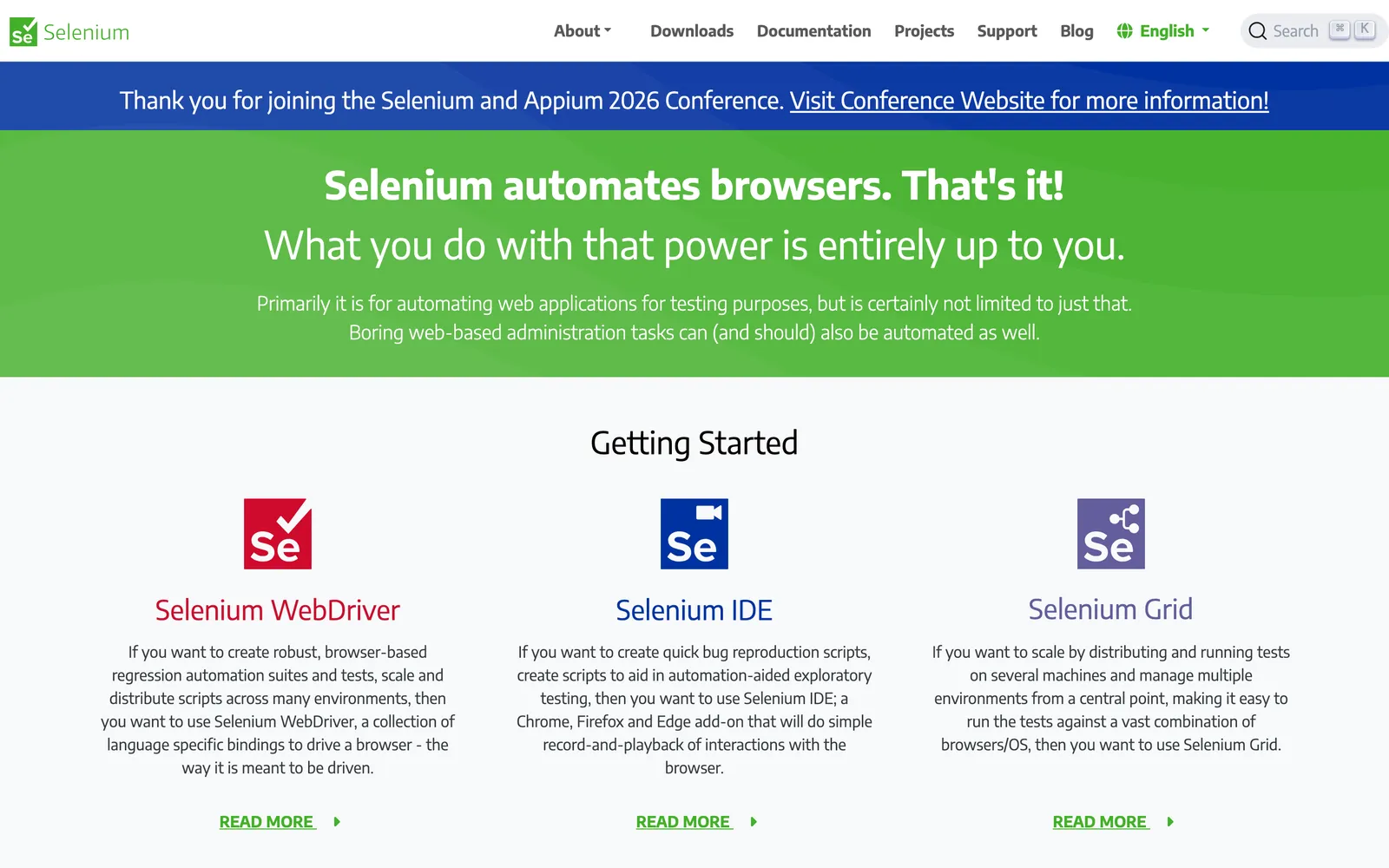 Selenium WebDriver homepage: Selenium automates browsers. That's it!