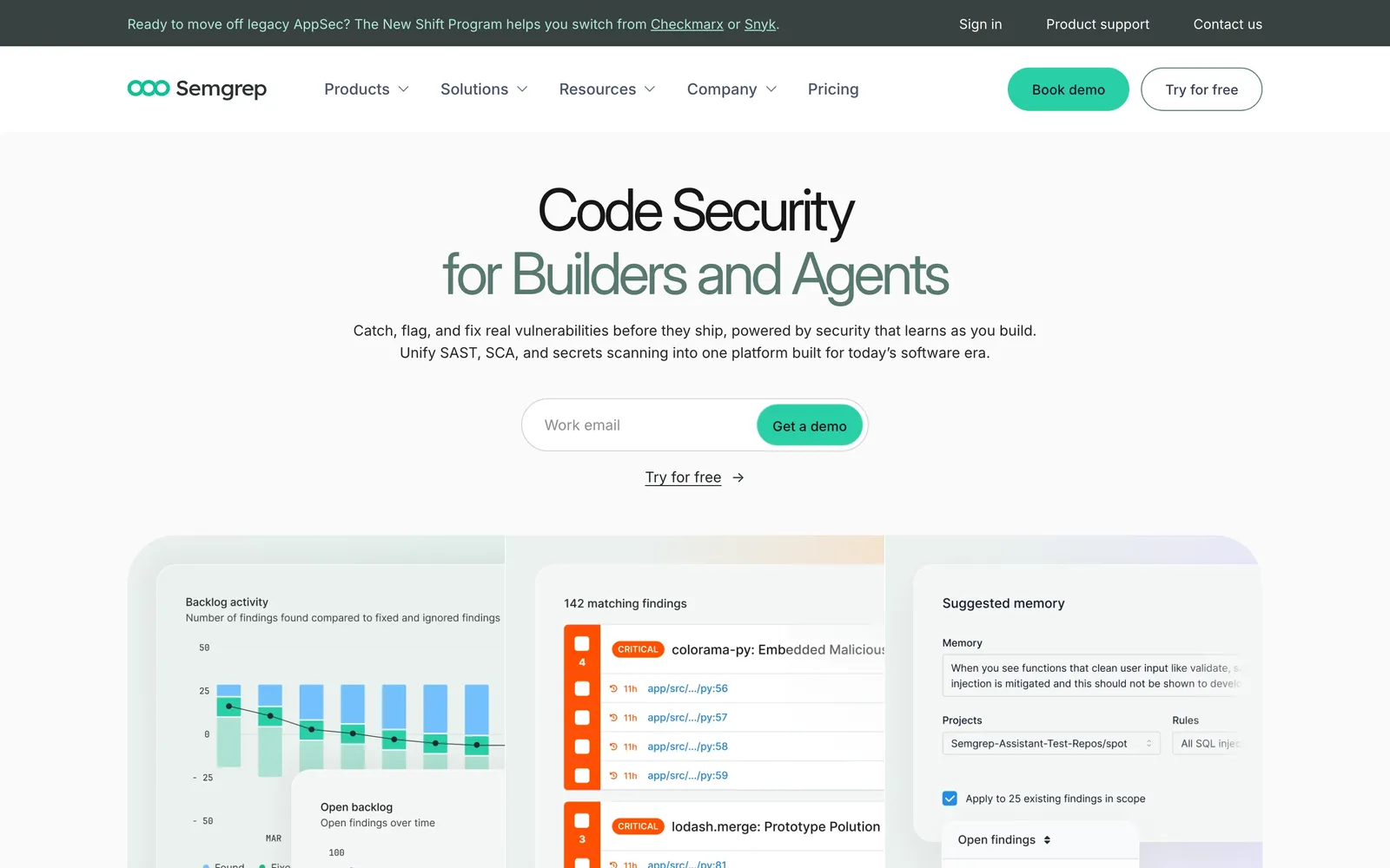 Semgrep homepage: Code Security for Builders and Agents