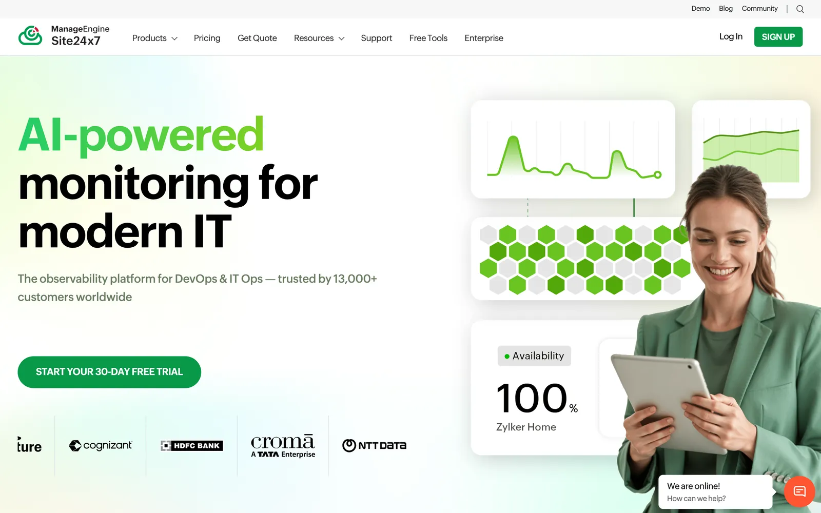 Site24x7 homepage: AI-powered monitoring for modern IT