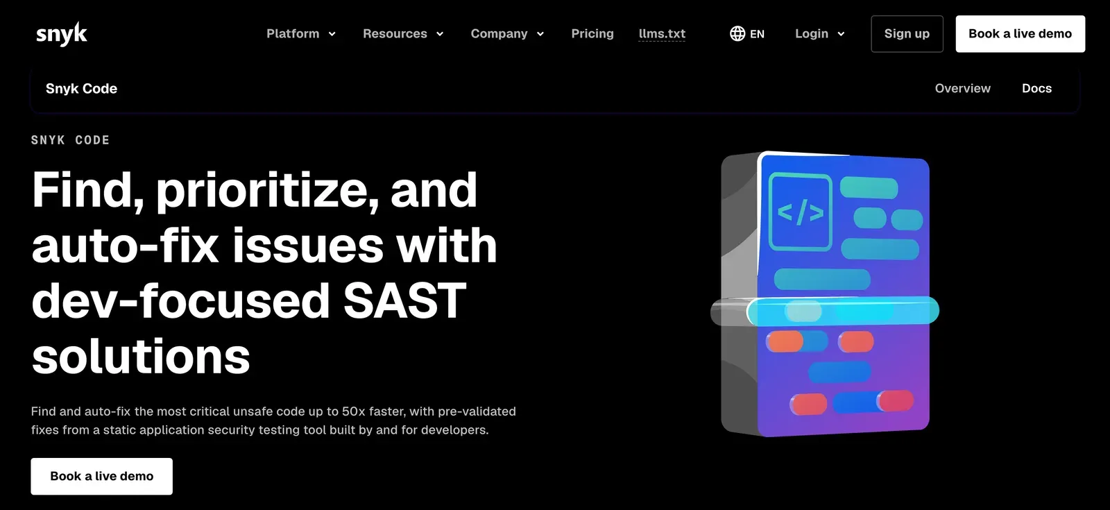 Snyk Code homepage: Find, prioritize, and auto-fix issues with dev-focused SAST solutions