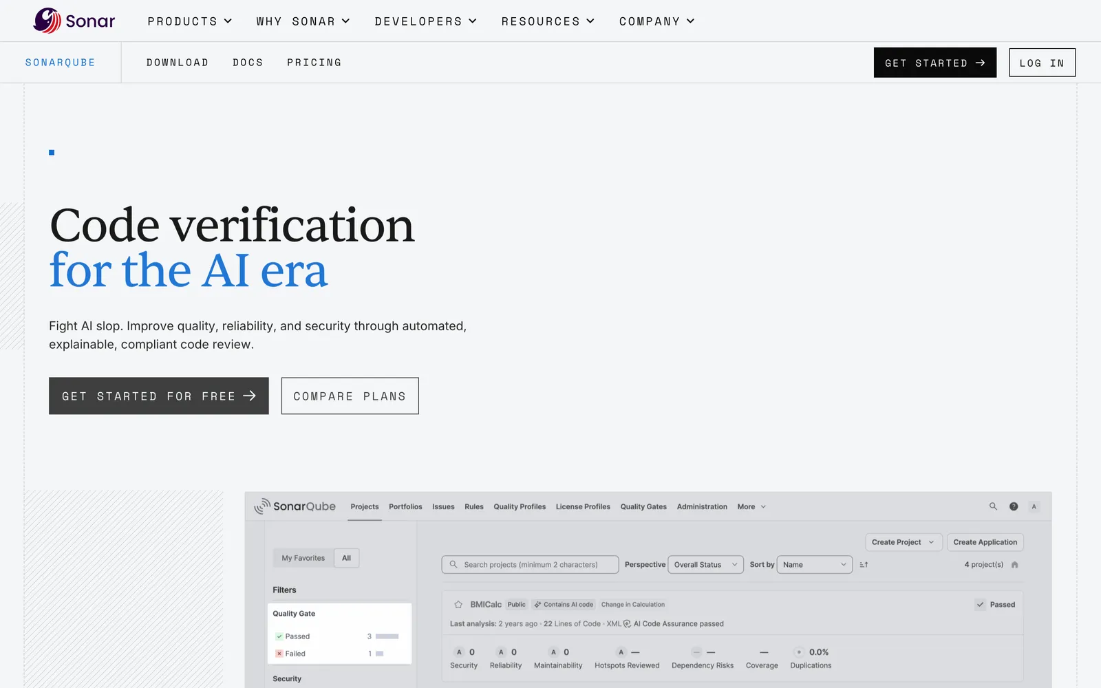 SonarQube with Gitar homepage: Code verification for the AI era