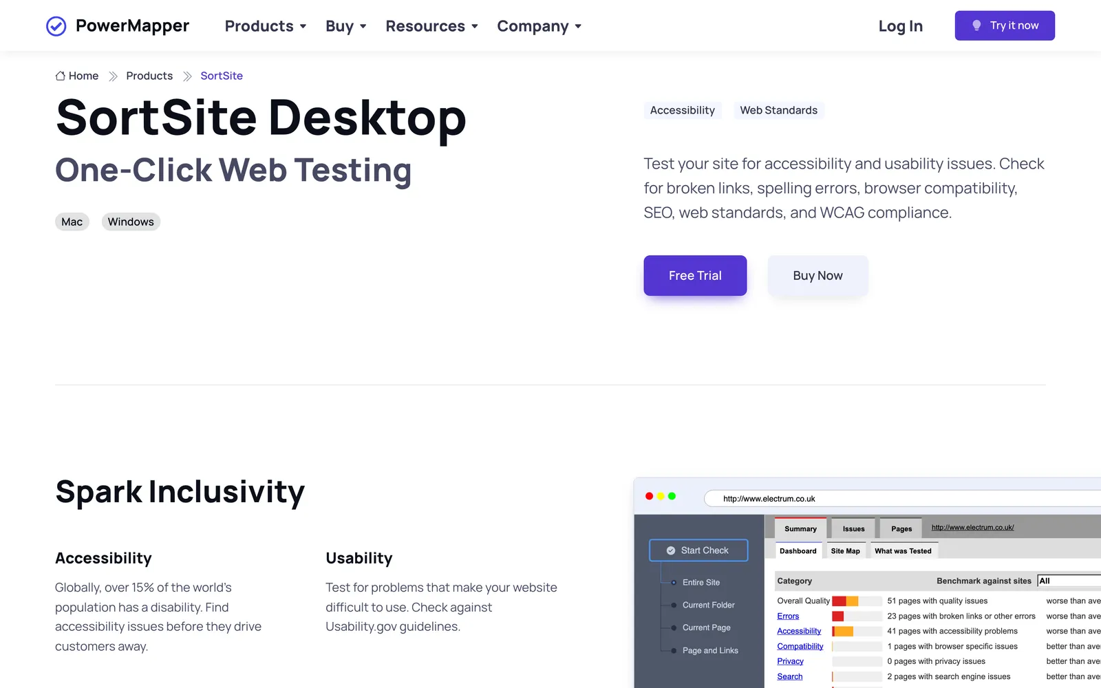 SortSite homepage: SortSite Desktop: One-Click Web Testing