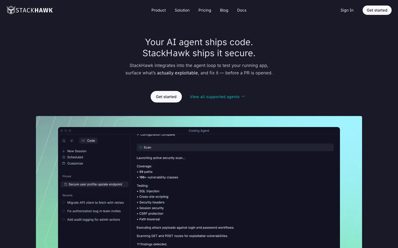 StackHawk homepage: Your AI agent ships code. StackHawk ships it secure.