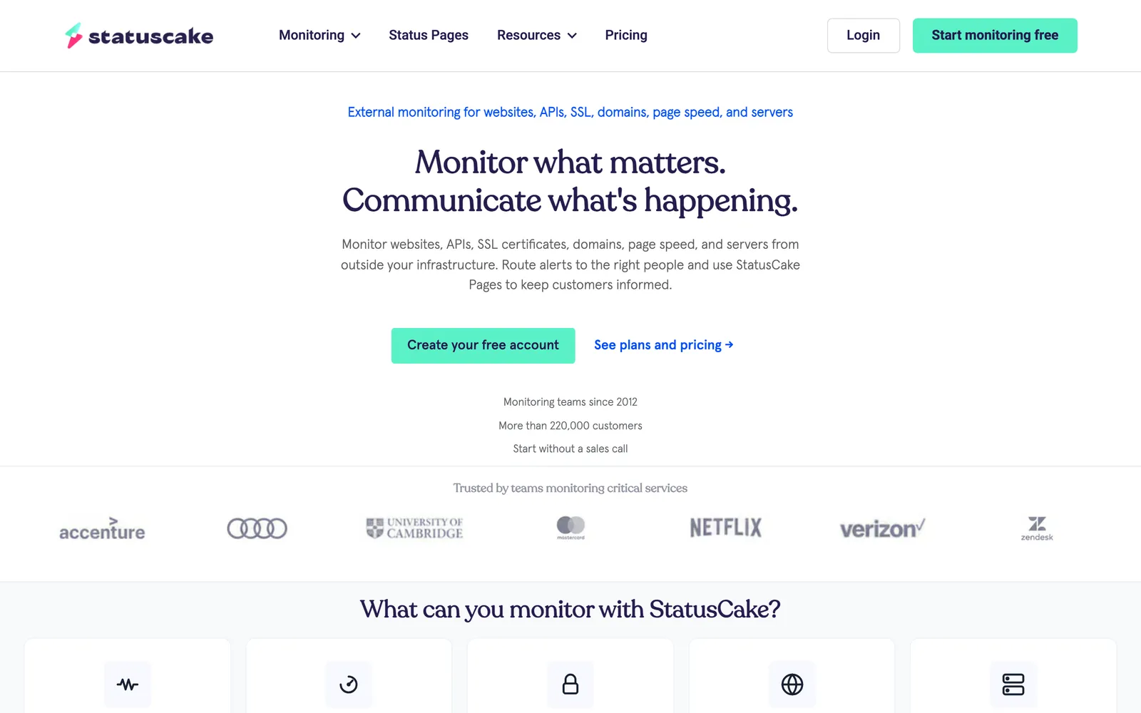 StatusCake homepage: Monitor what matters. Communicate what's happening.