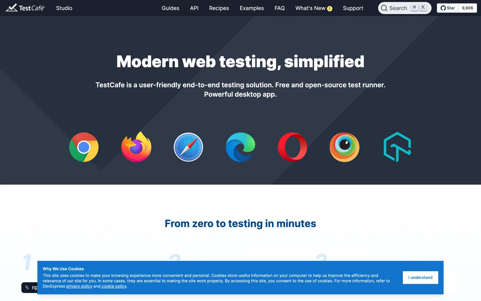 TestCafe homepage: Modern web testing, simplified