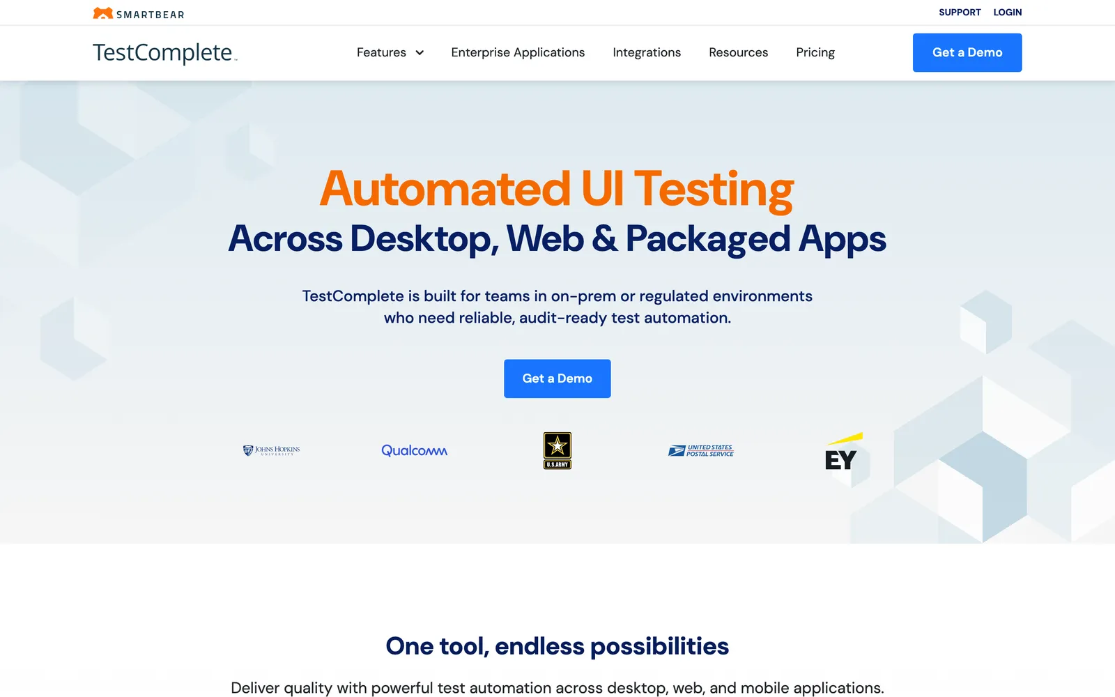 TestComplete homepage: Automated UI Testing Across Desktop, Web and Packaged Apps