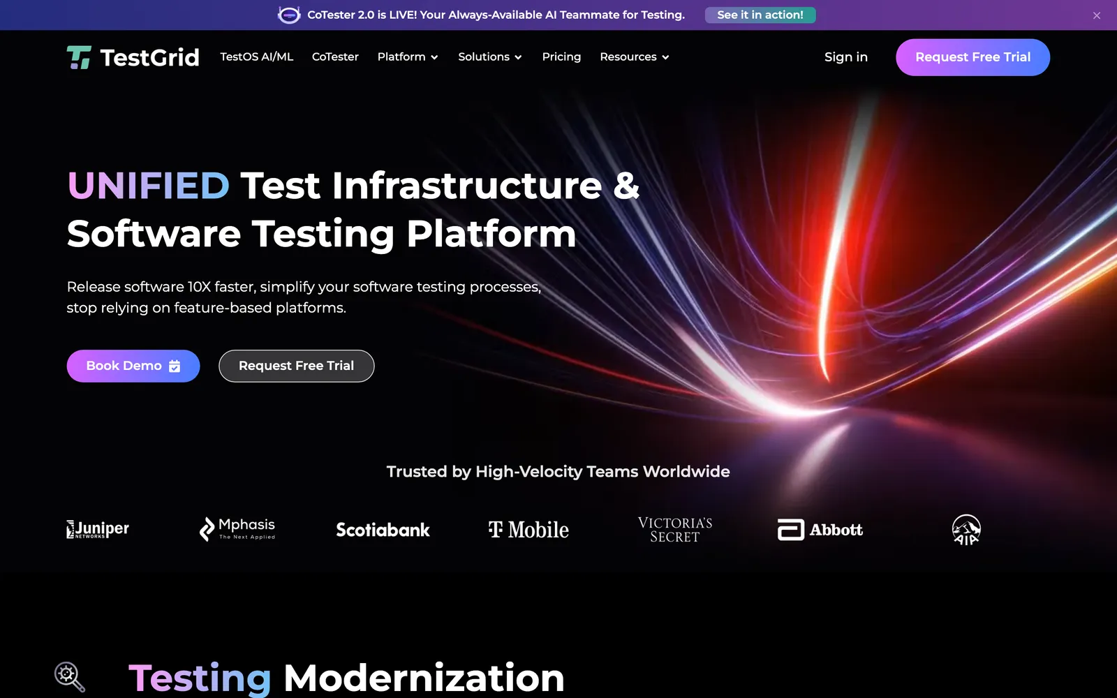 TestGrid homepage: Unified Test Infrastructure and Software Testing Platform
