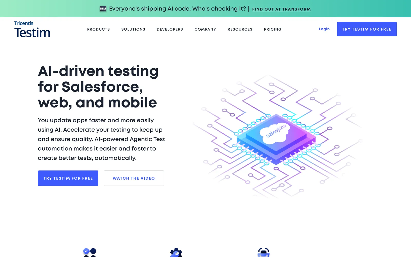 Tricentis Testim homepage: AI-driven testing for Salesforce, web, and mobile