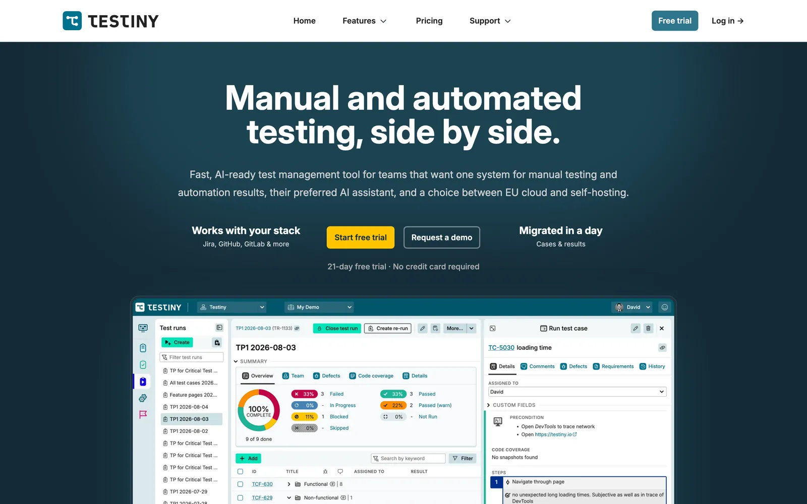 Testiny homepage: Manual and automated testing, side by side
