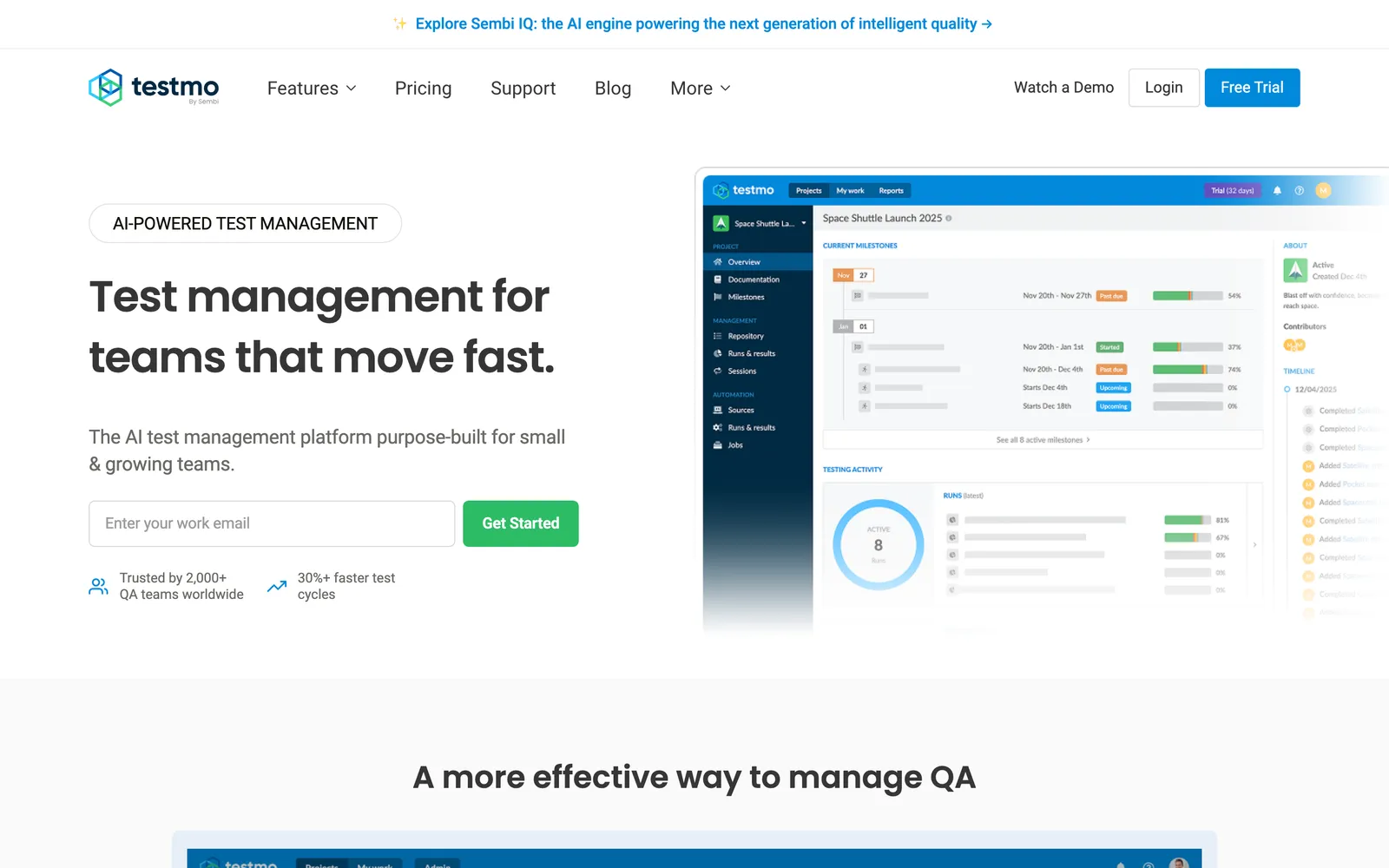 Testmo homepage: Test management for teams that move fast