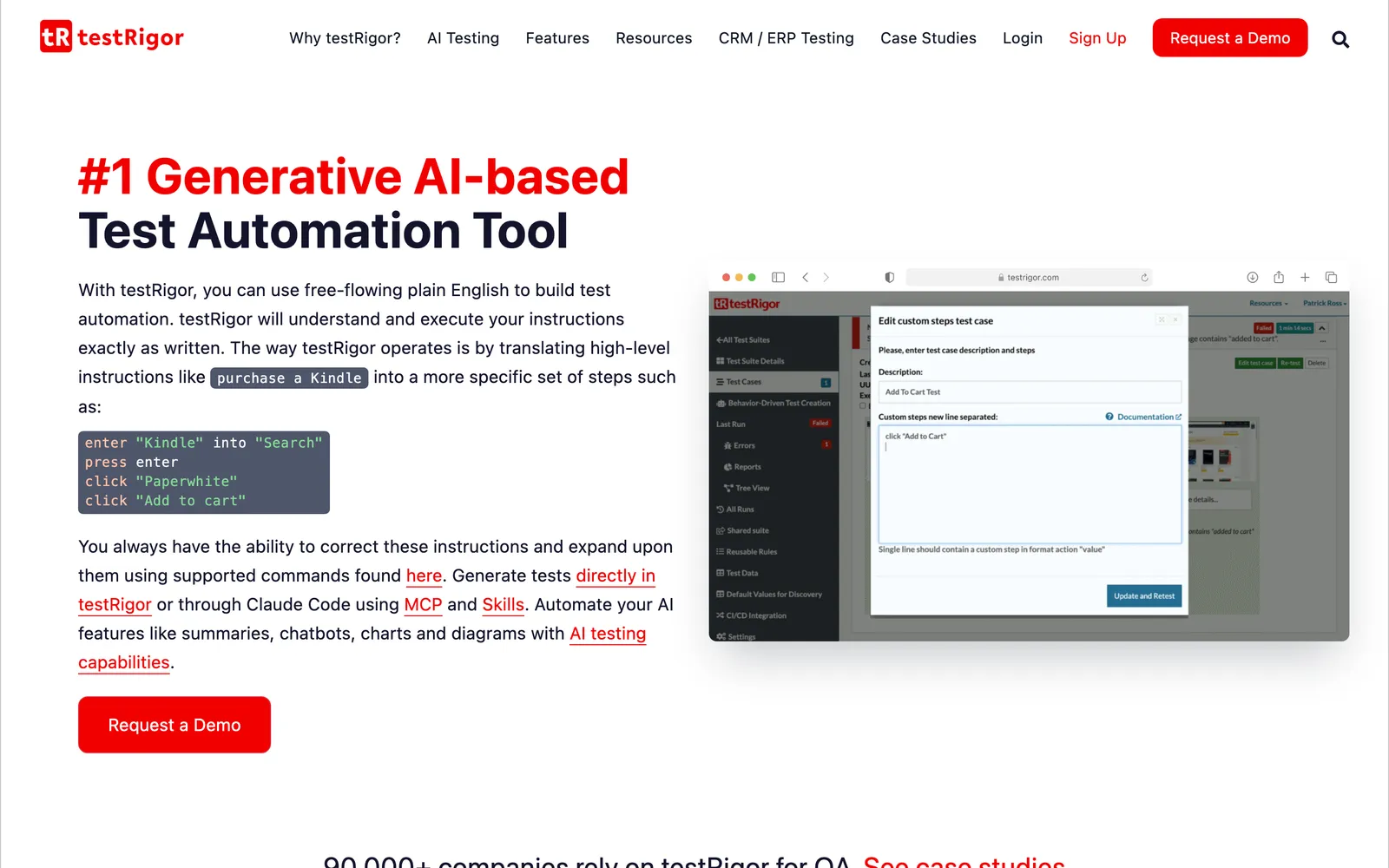 testRigor homepage: The number one generative AI-based test automation tool