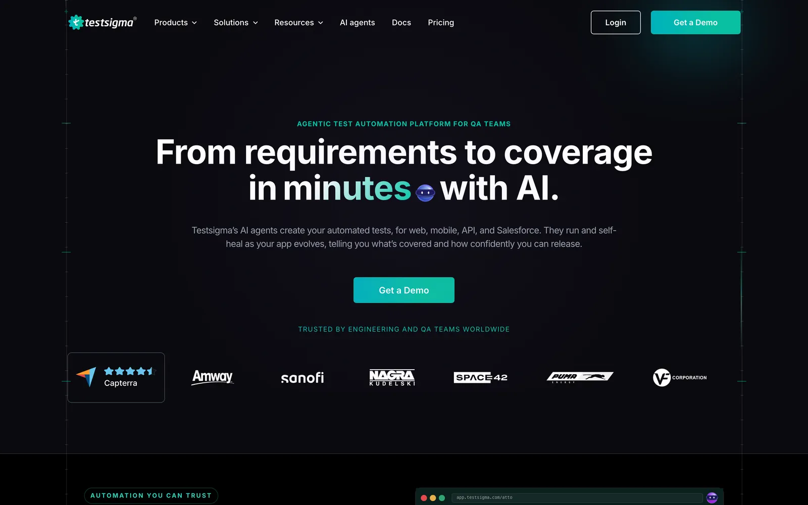 Testsigma homepage: From requirements to coverage in minutes with AI