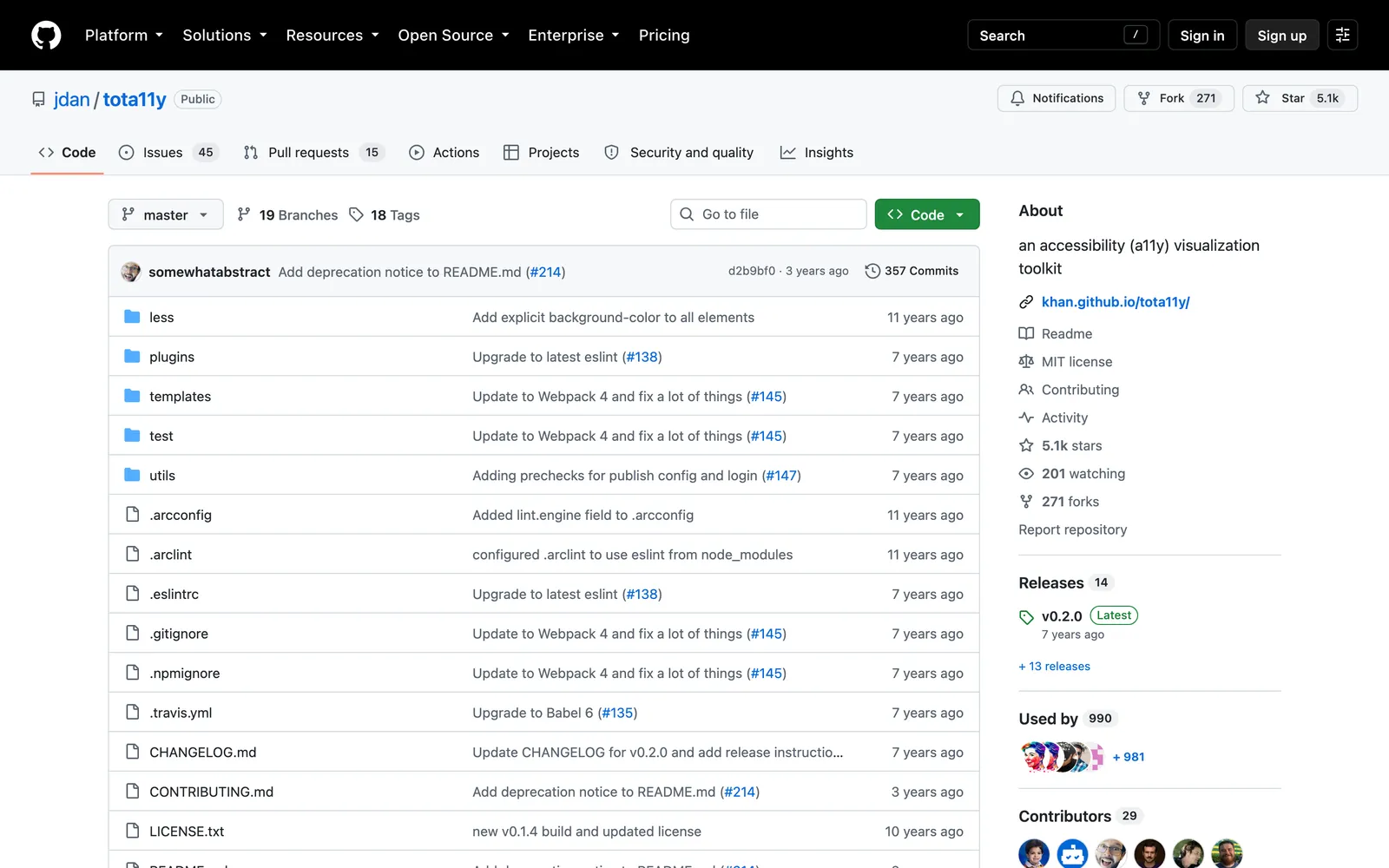 tota11y repository: GitHub repository jdan/tota11y, an accessibility visualization toolkit, README carries a deprecation notice