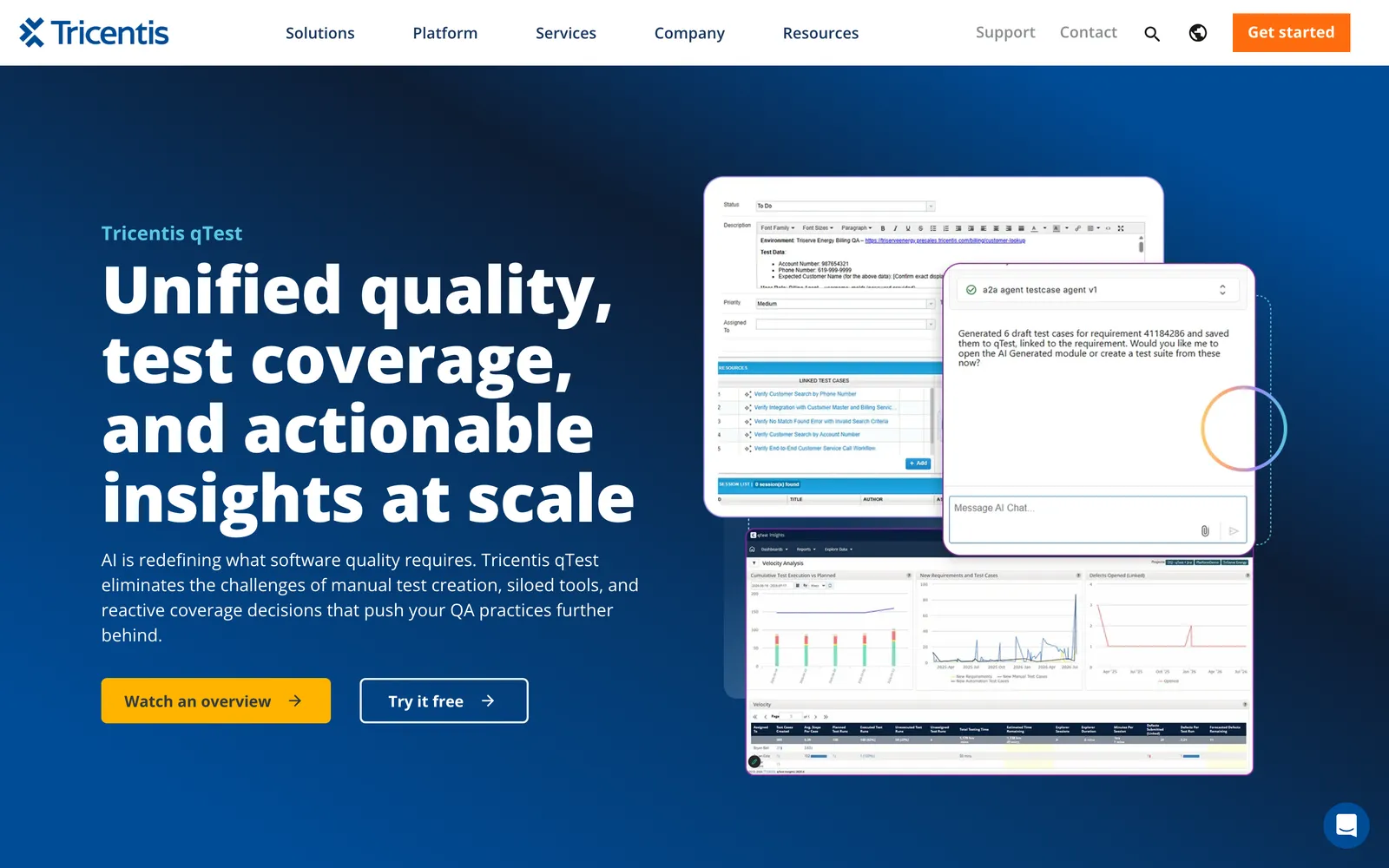 Tricentis qTest homepage: Unified quality, test coverage, and actionable insights at scale