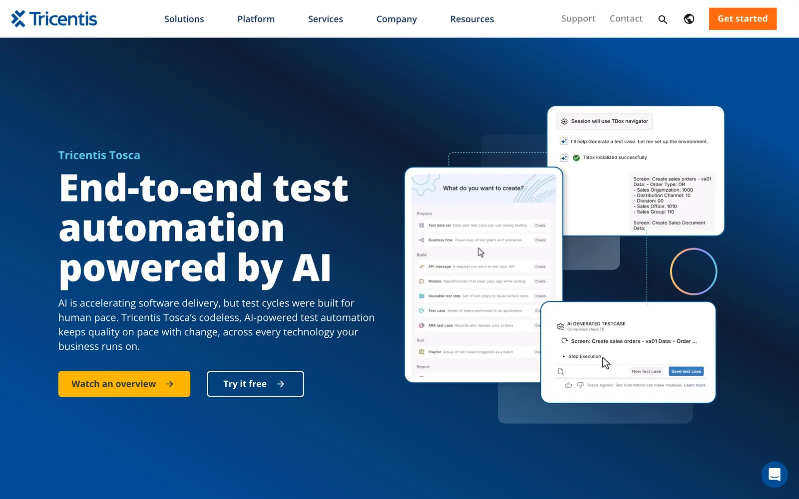 Tricentis Tosca homepage: End-to-end test automation powered by AI