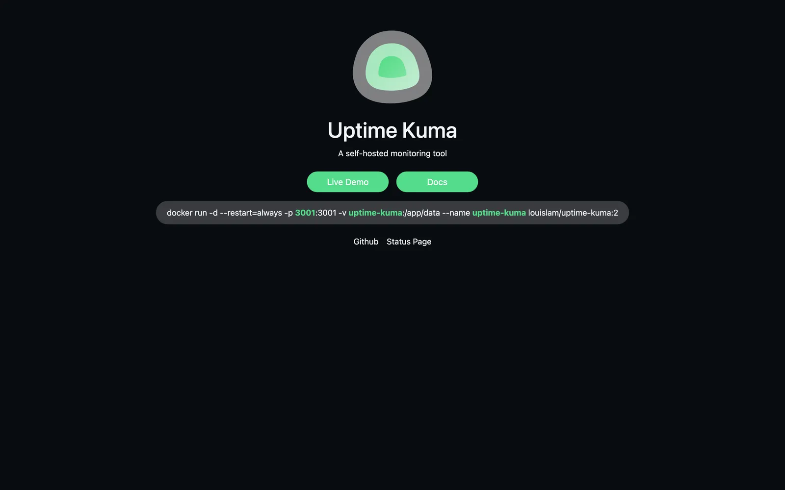 Uptime Kuma homepage: Uptime Kuma, a self-hosted monitoring tool