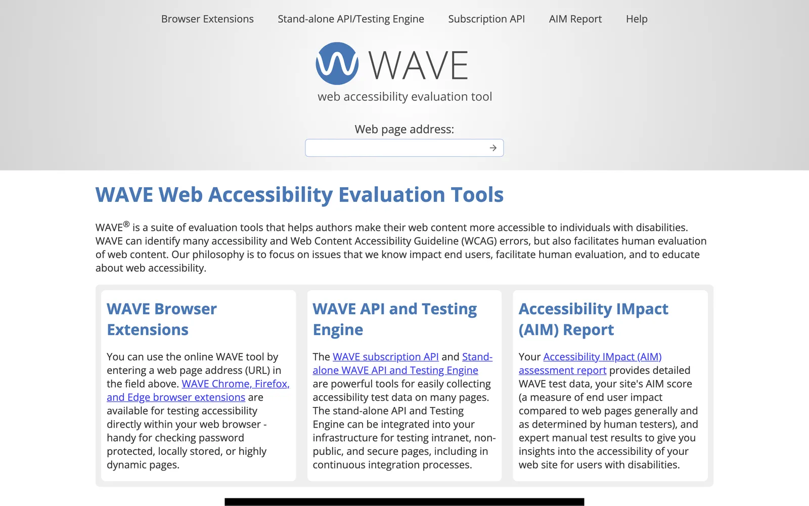 WAVE (Web Accessibility Evaluation Tool) homepage: WAVE web accessibility evaluation tool