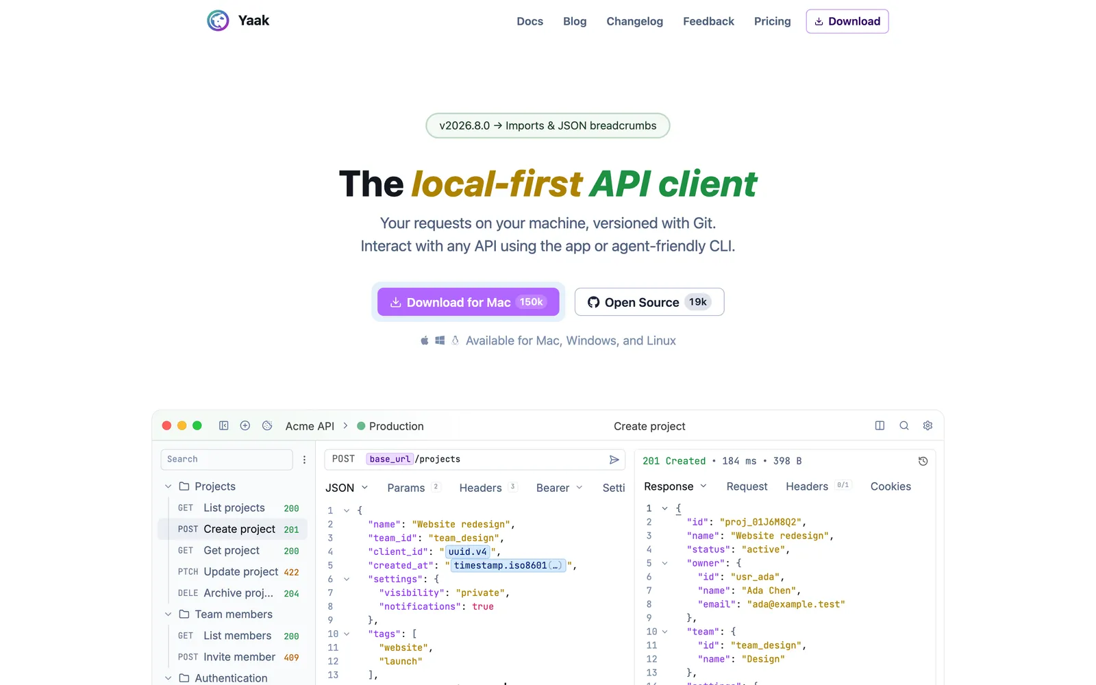 Yaak homepage: The local-first API client