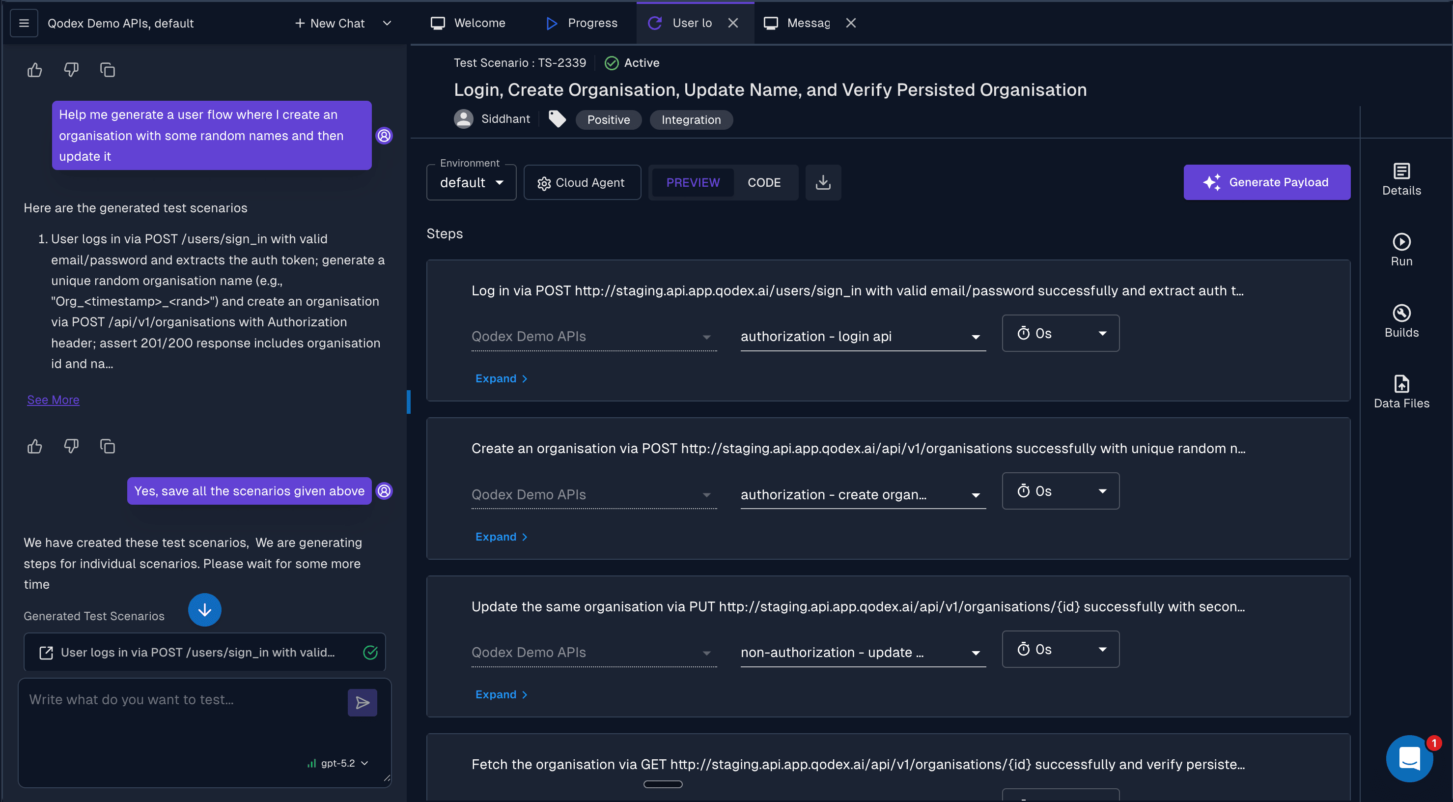 The Qodex agent turning a plain-English request into a structured API test scenario with ordered steps and assertions